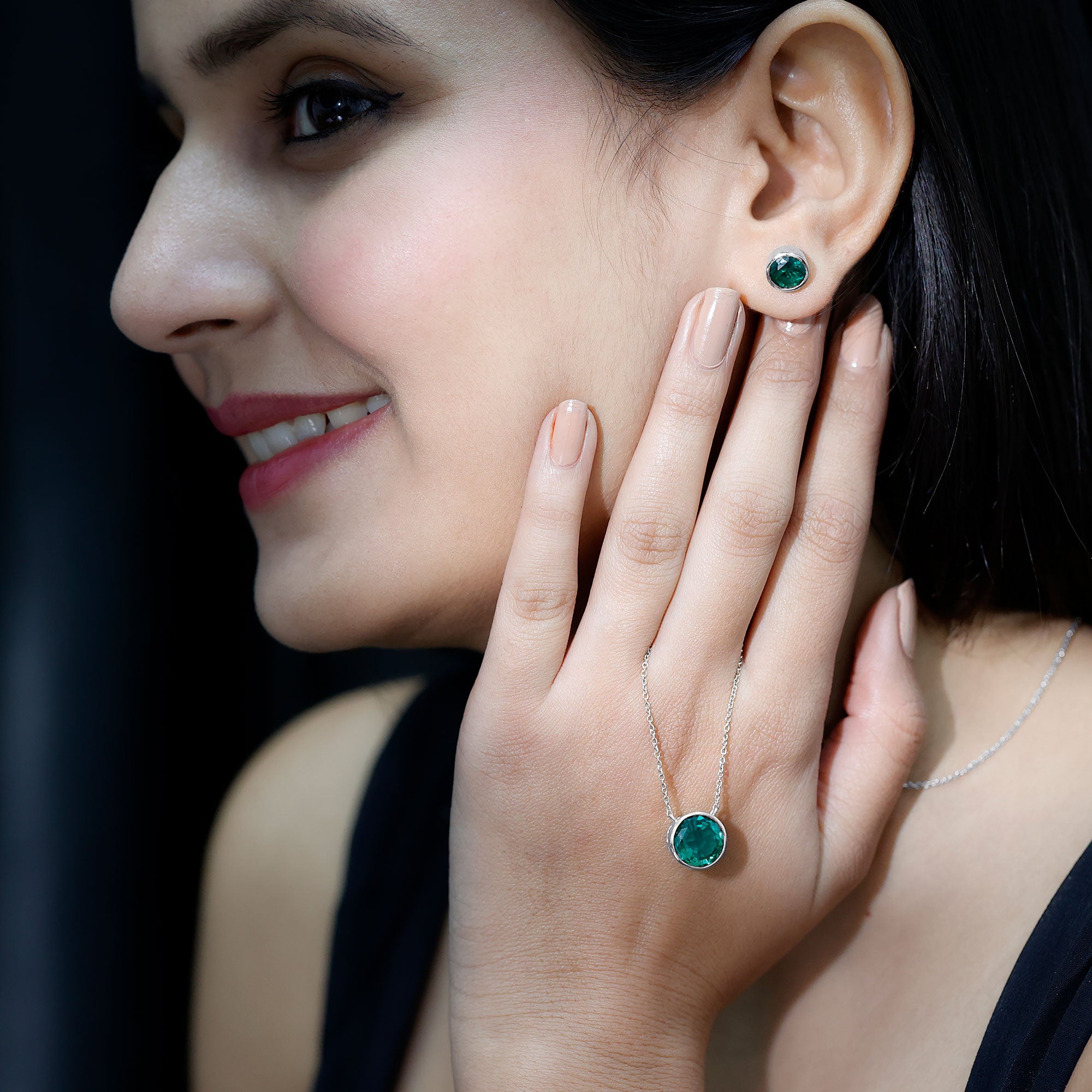 Certified Created Emerald Solitaire Jewelry Set in Bezel Setting AAAA - Rosec Jewels