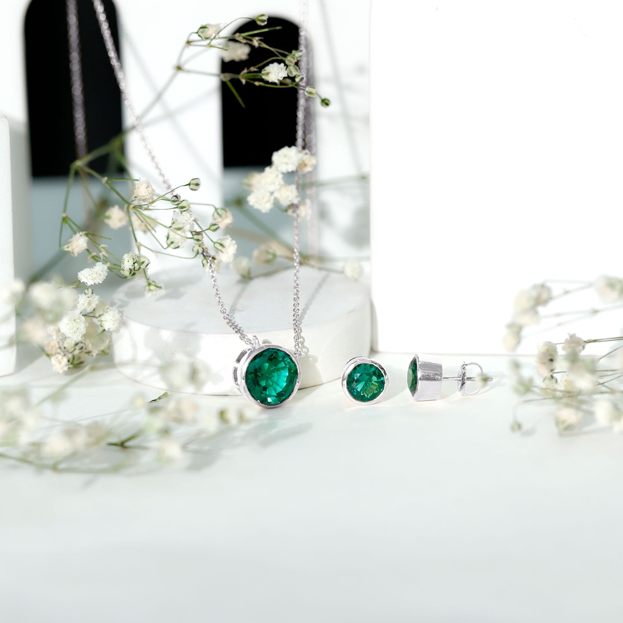 Certified Created Emerald Solitaire Jewelry Set in Bezel Setting AAAA - Rosec Jewels