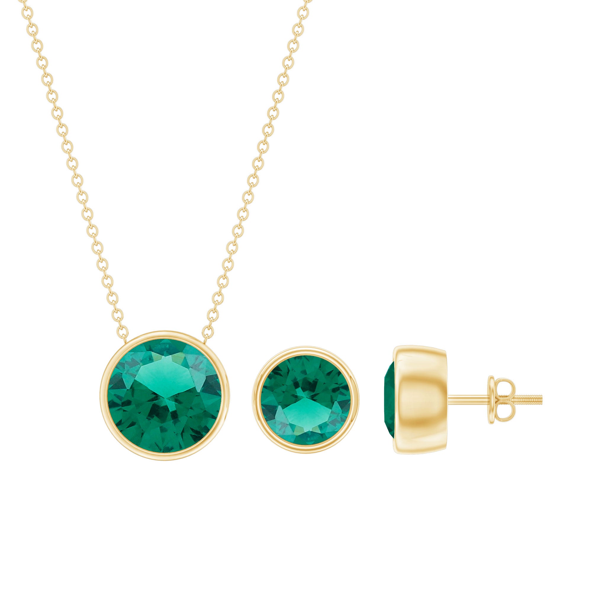 Certified Created Emerald Solitaire Jewelry Set in Bezel Setting AAAA - Rosec Jewels