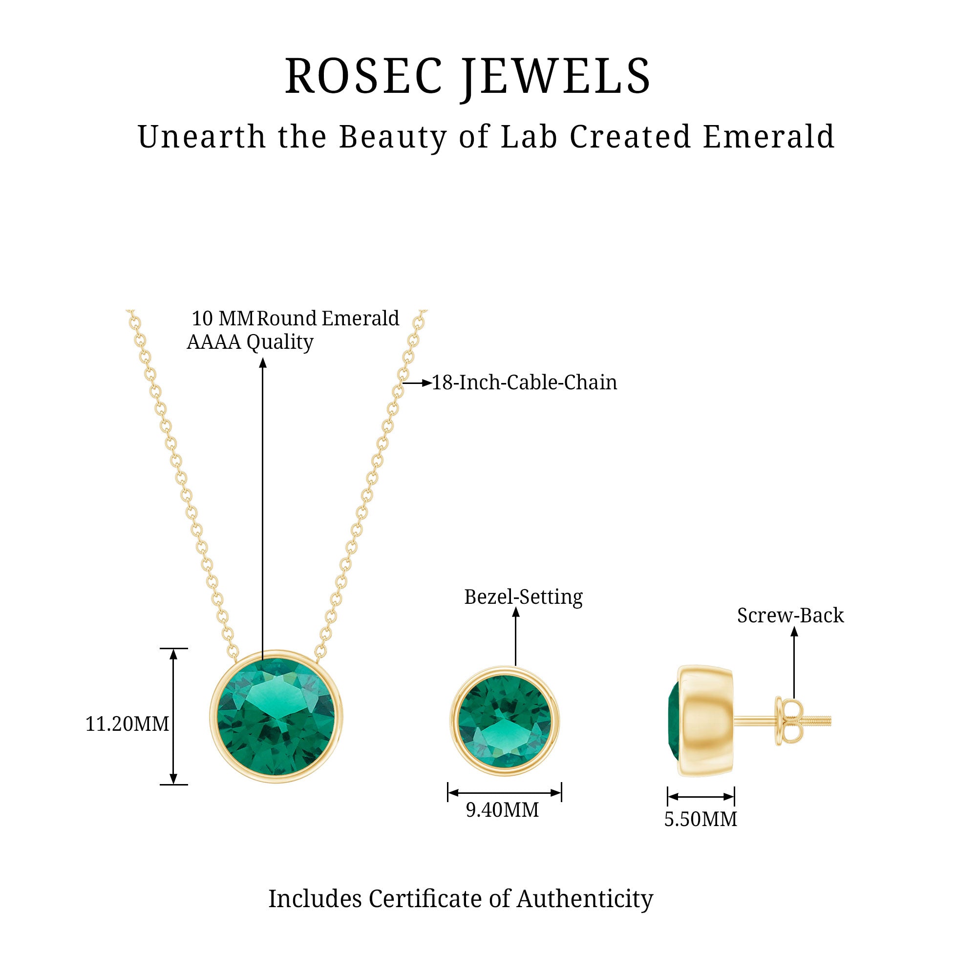Certified Created Emerald Solitaire Jewelry Set in Bezel Setting AAAA - Rosec Jewels