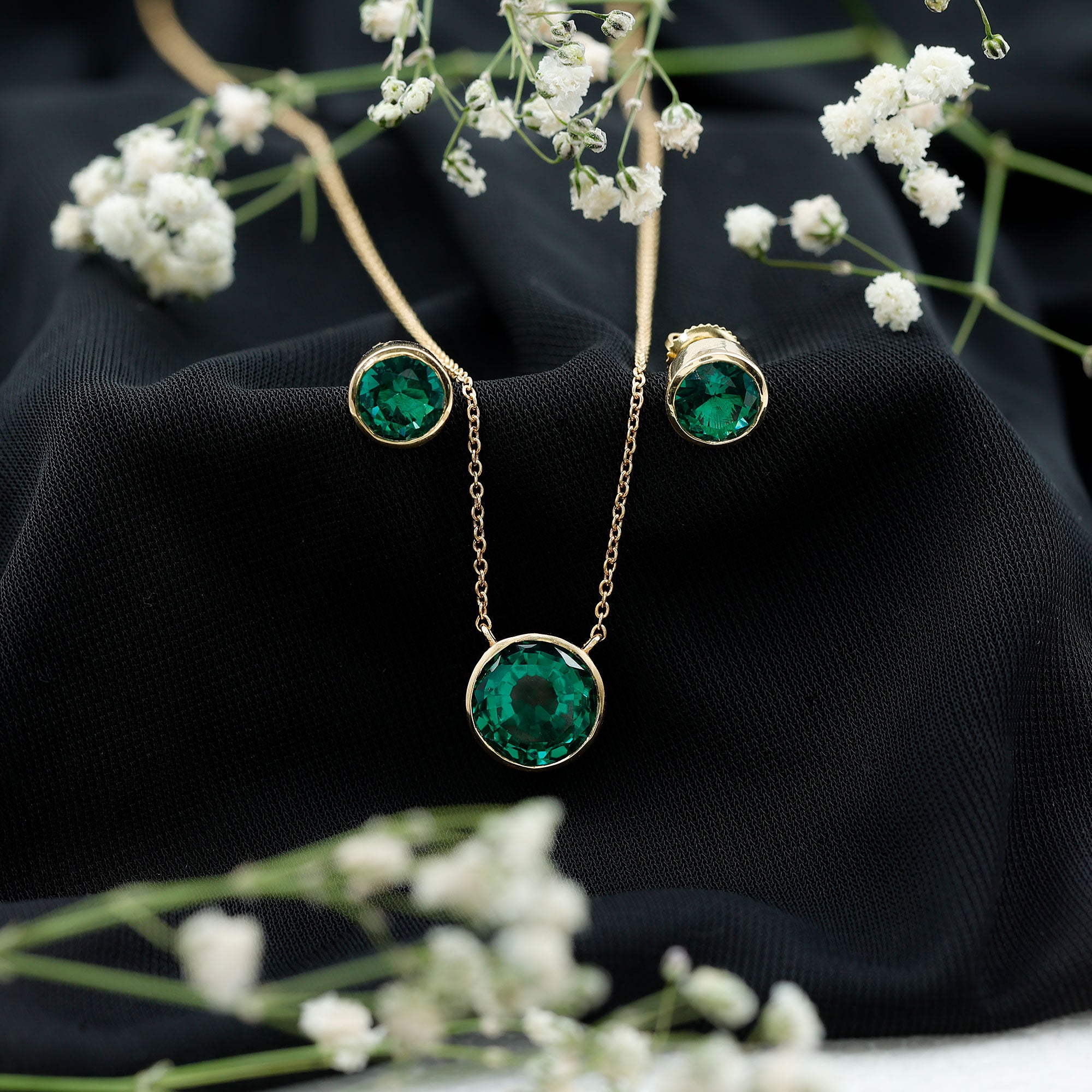 Certified Created Emerald Solitaire Jewelry Set in Bezel Setting AAAA - Rosec Jewels
