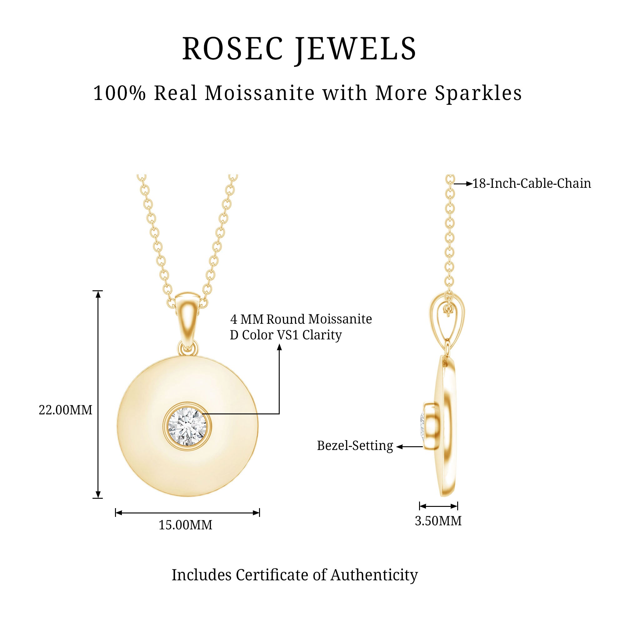 Certified Round Moissanite Disc Necklace in Bezel Setting D-VS1 - Rosec Jewels