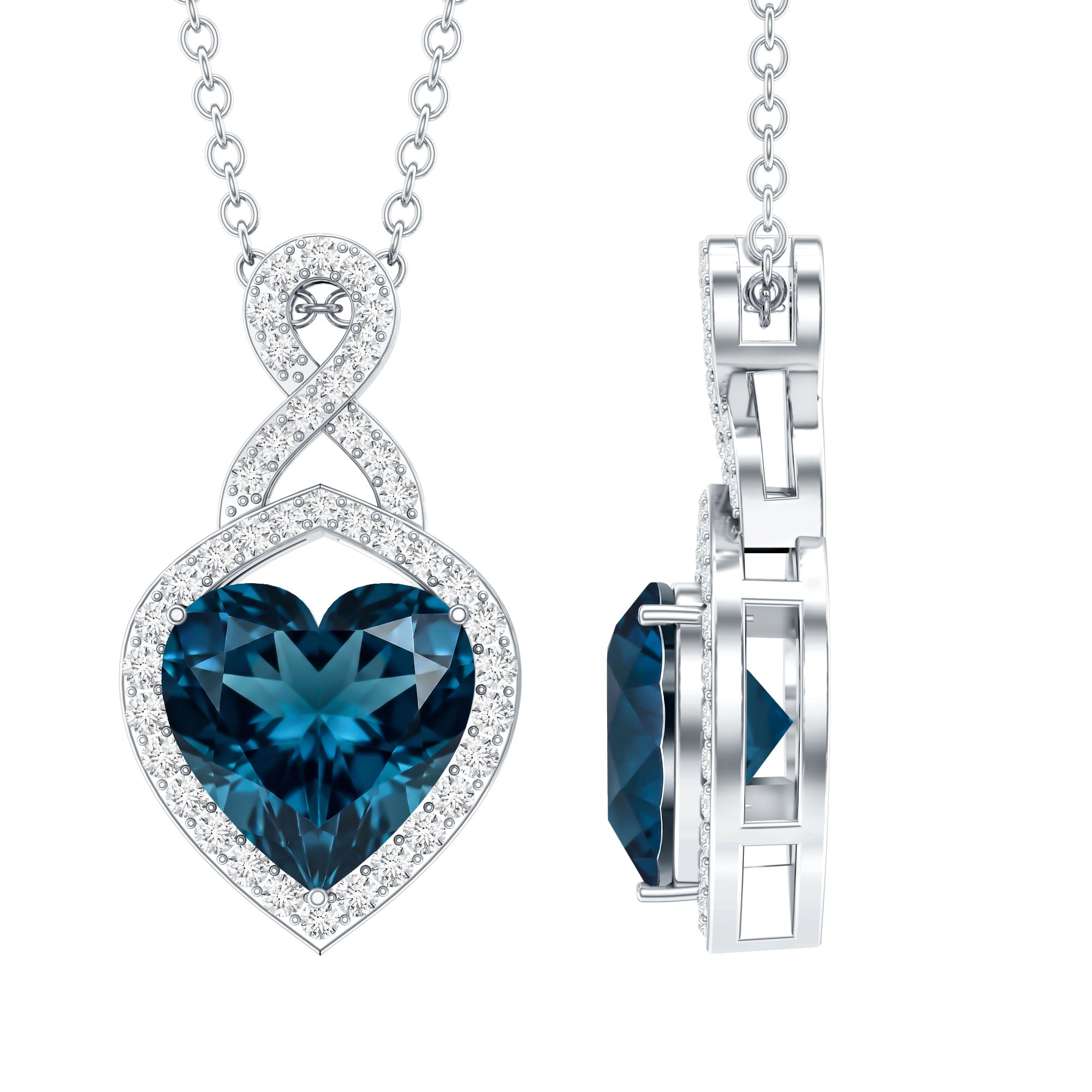2 Carat Heart Shape London Blue Topaz Infinity Necklace with Diamond AAA - Rosec Jewels