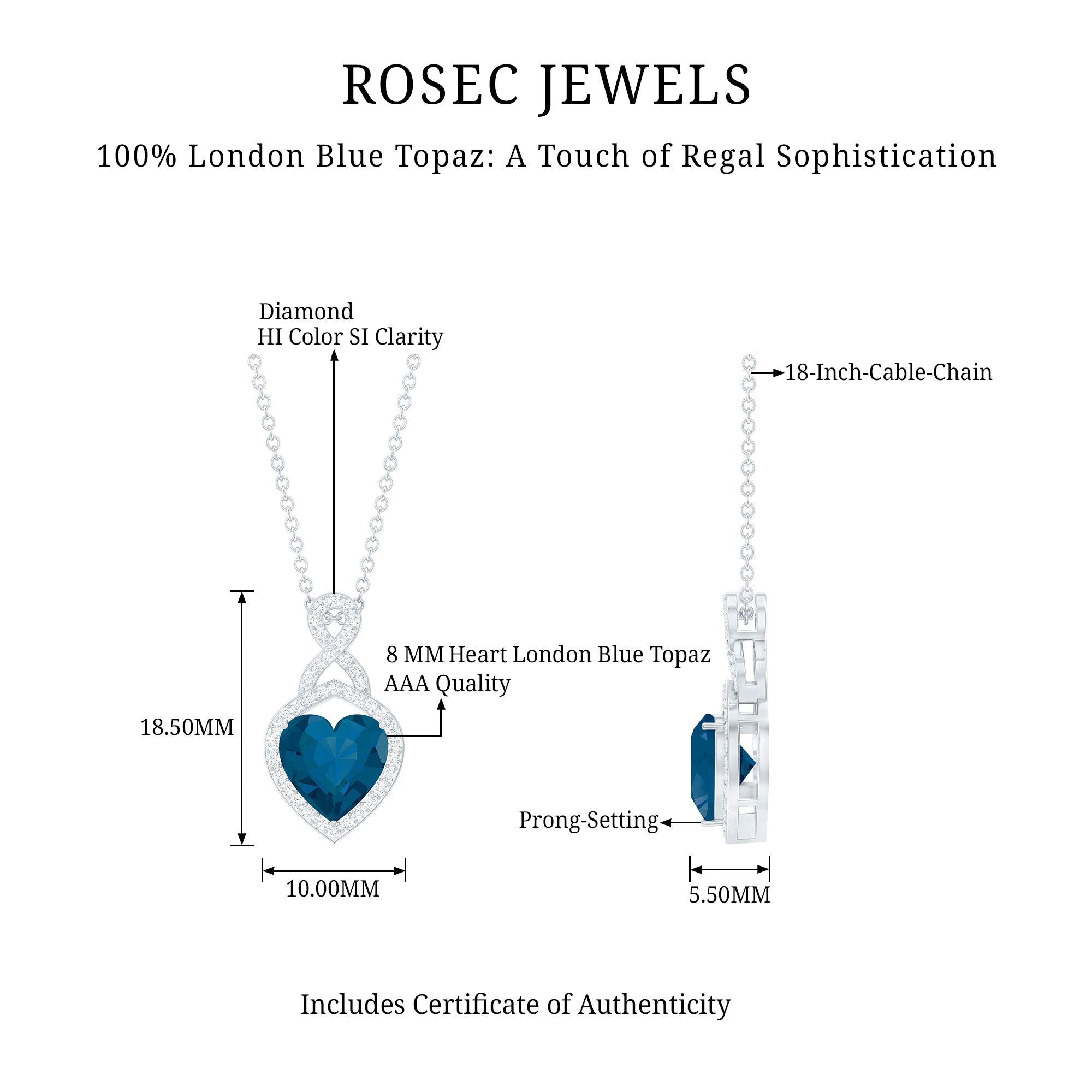 2 Carat Heart Shape London Blue Topaz Infinity Necklace with Diamond AAA - Rosec Jewels