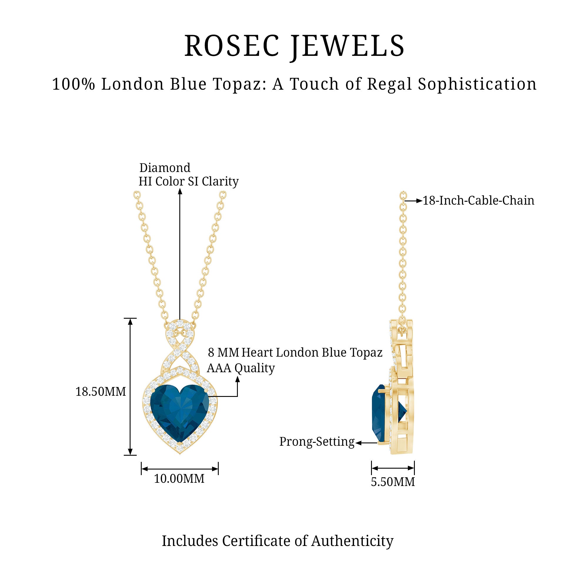 2 Carat Heart Shape London Blue Topaz Infinity Necklace with Diamond AAA - Rosec Jewels