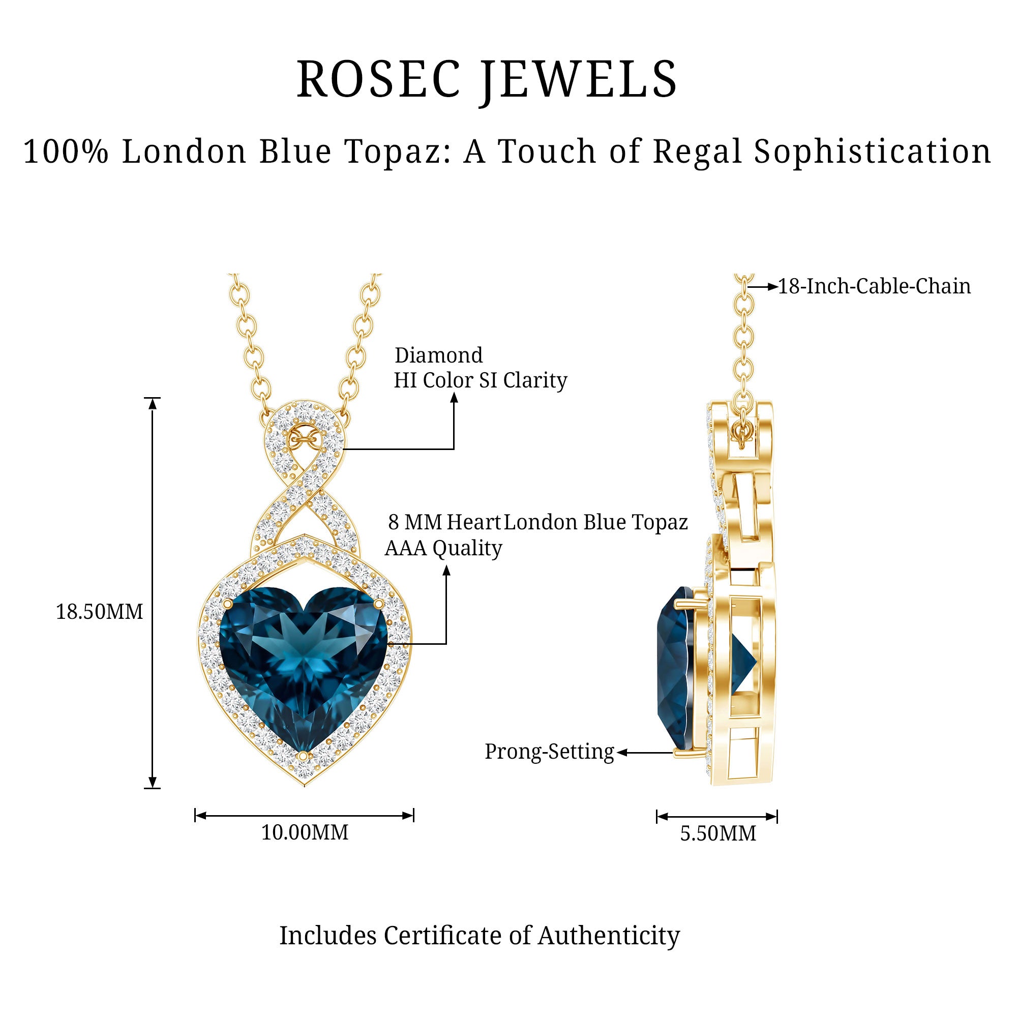 2 Carat Heart Shape London Blue Topaz Infinity Necklace with Diamond AAA - Rosec Jewels