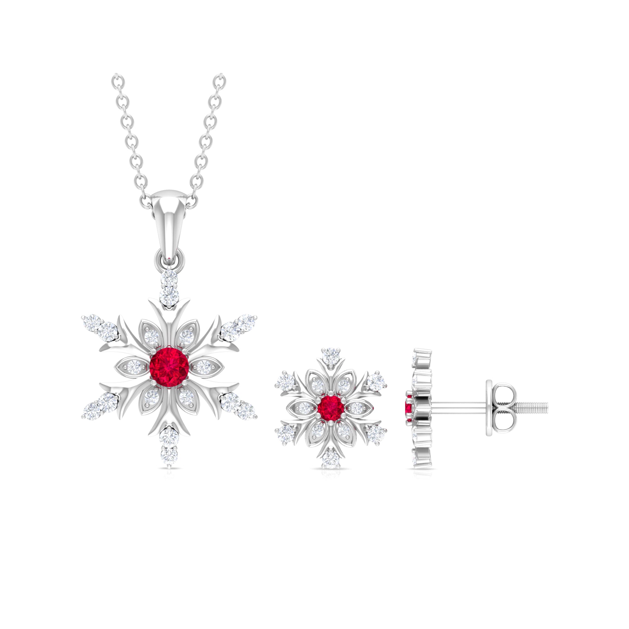 Lab Grown Ruby and Diamond Snowflake Necklace With Earrings AAAA - Rosec Jewels
