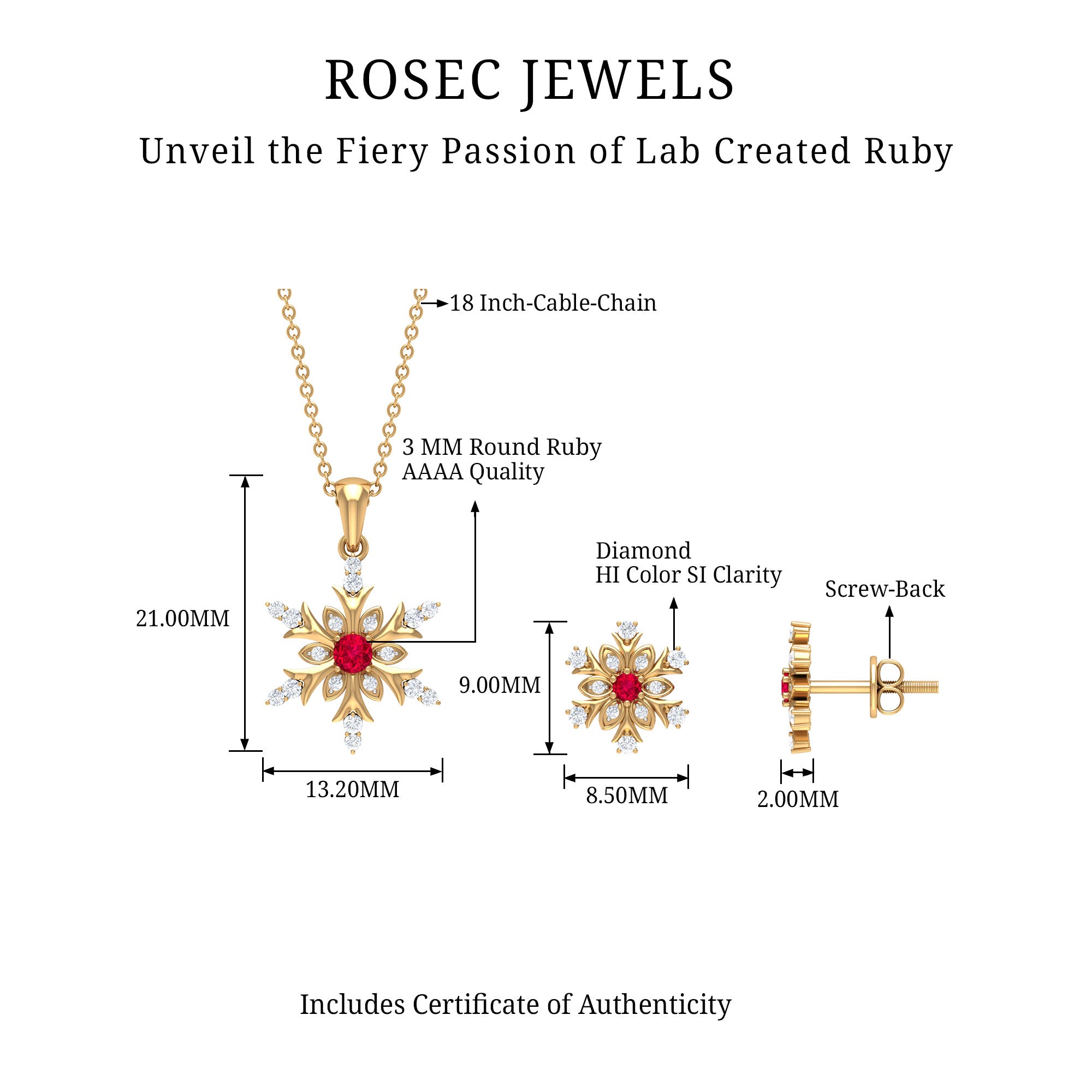 Lab Grown Ruby and Diamond Snowflake Necklace With Earrings AAAA - Rosec Jewels