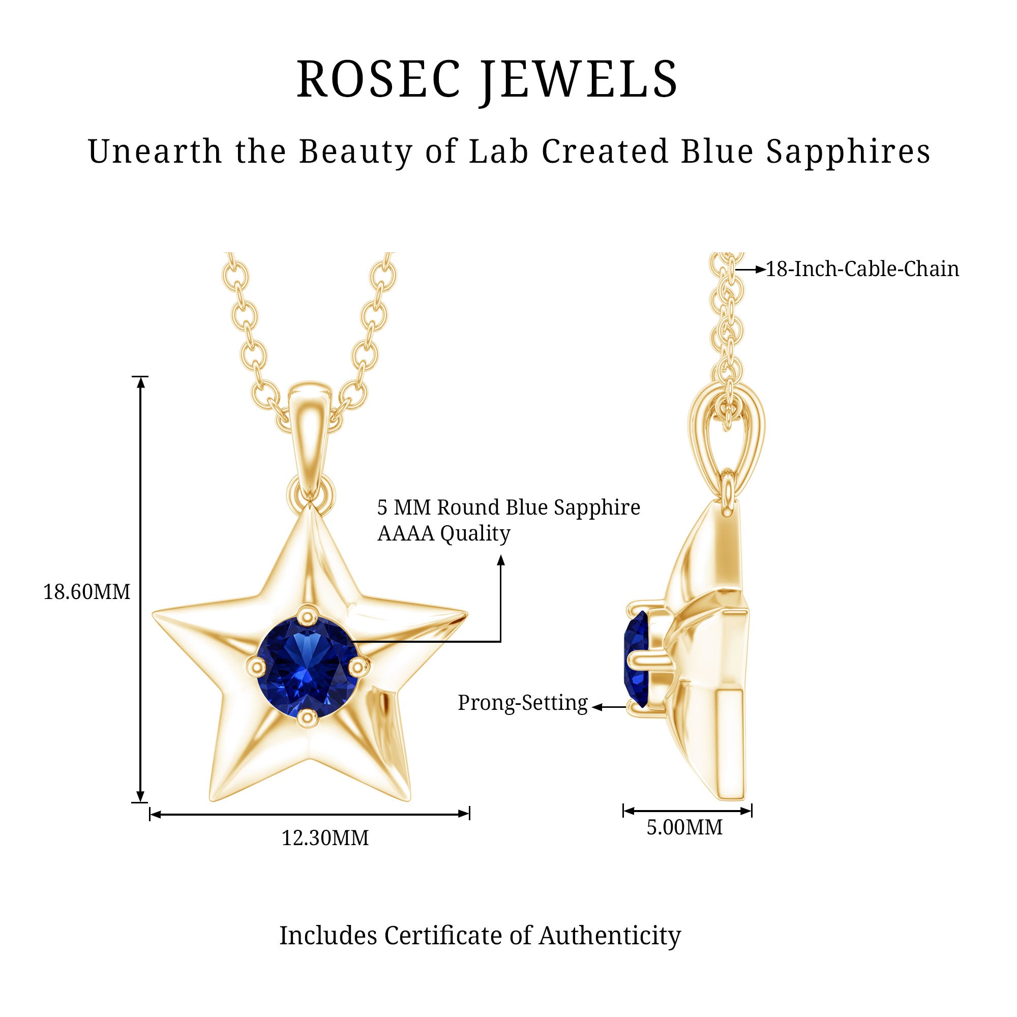 Lab Created Blue Sapphire Star Of David Necklace AAAA - Rosec Jewels
