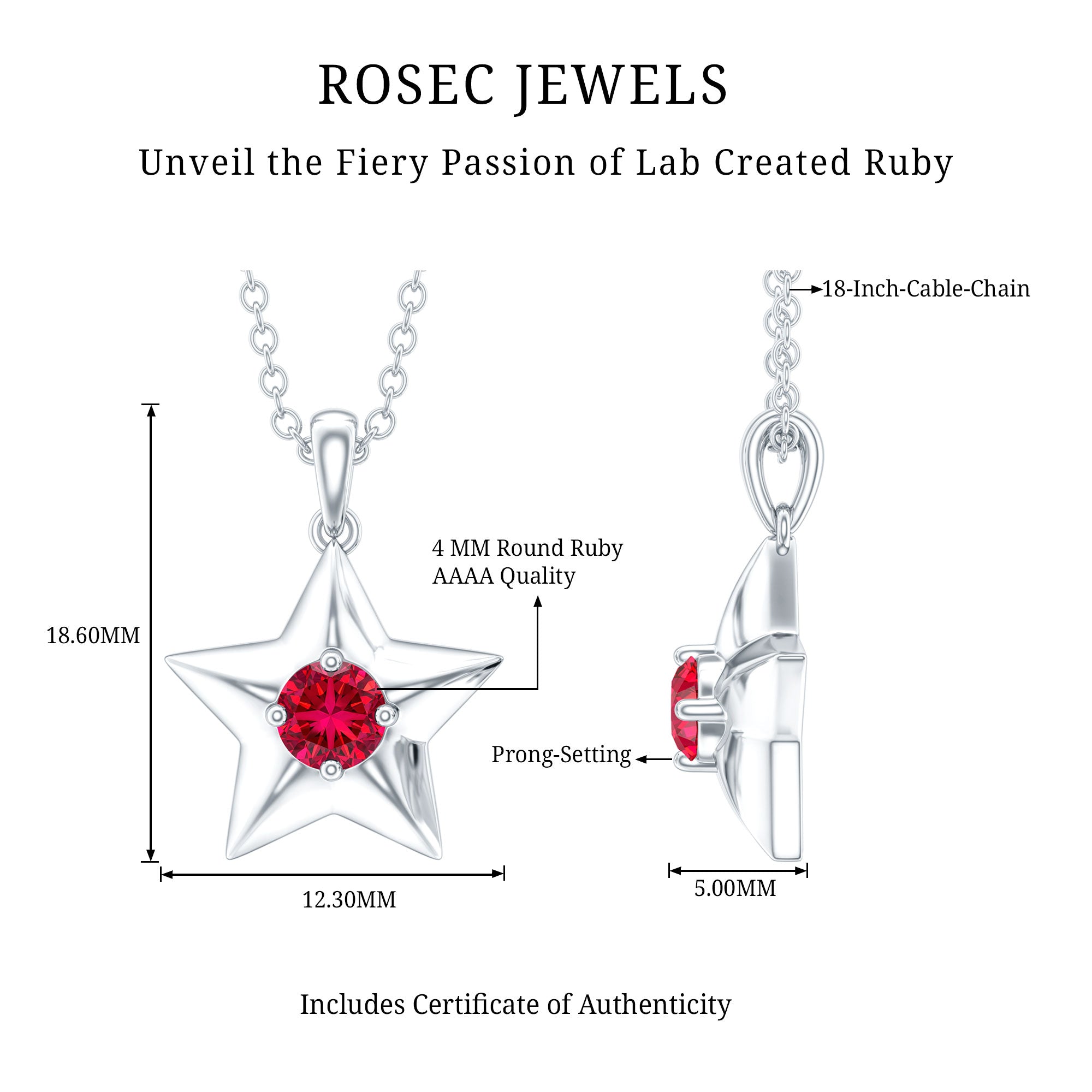 Certified Lab Created Ruby Star Pendant Necklace AAAA - Rosec Jewels