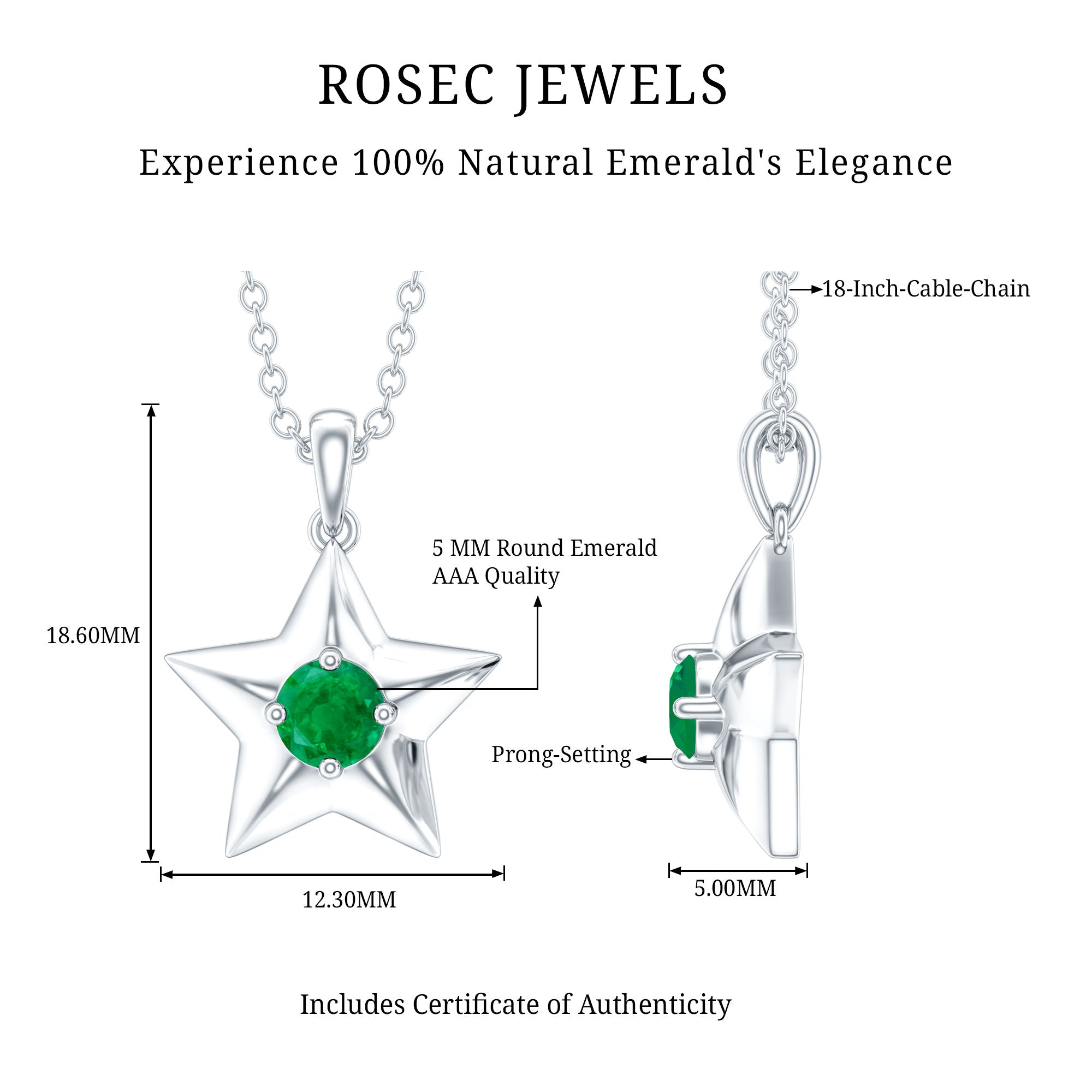 Natural Half Carat Emerald Star Pendant Necklace for Women AAA - Rosec Jewels