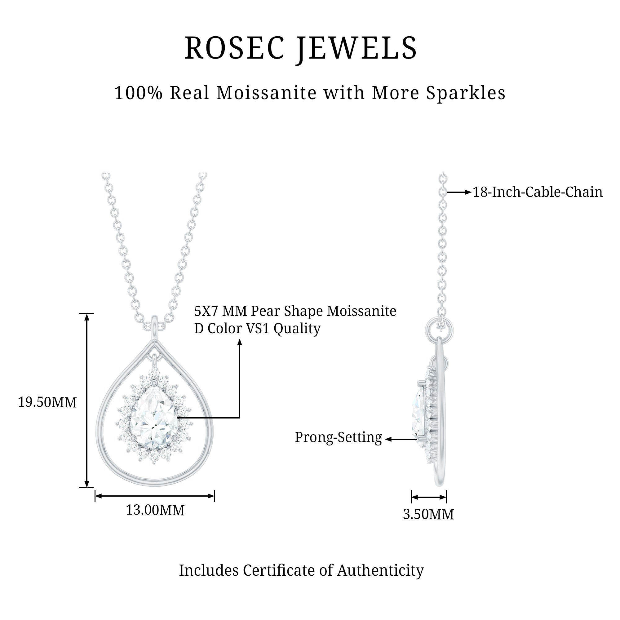 Certified 5X7 MM Moissanite Teardrop Pendant Necklace D-VS1 - Rosec Jewels