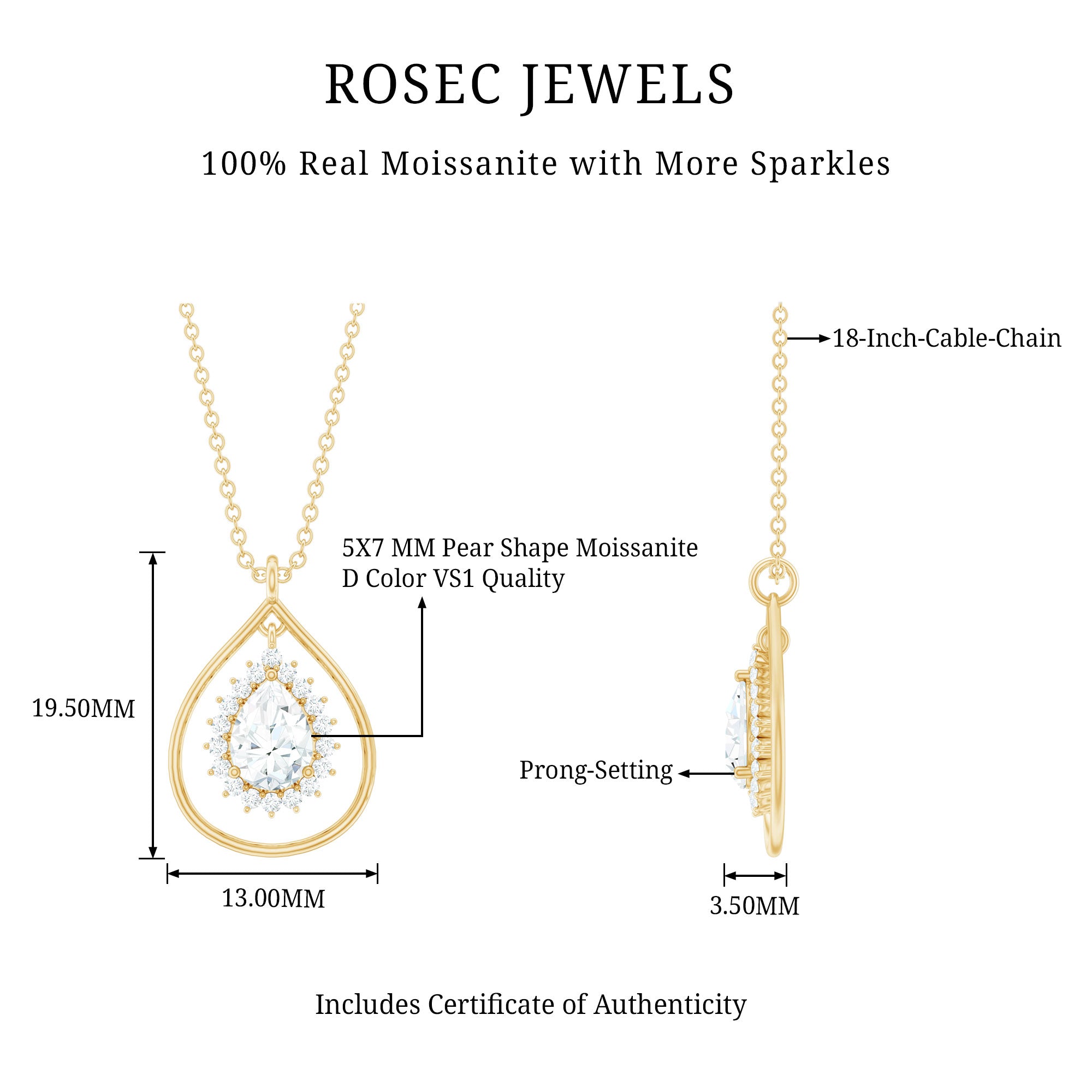 Certified 5X7 MM Moissanite Teardrop Pendant Necklace D-VS1 - Rosec Jewels