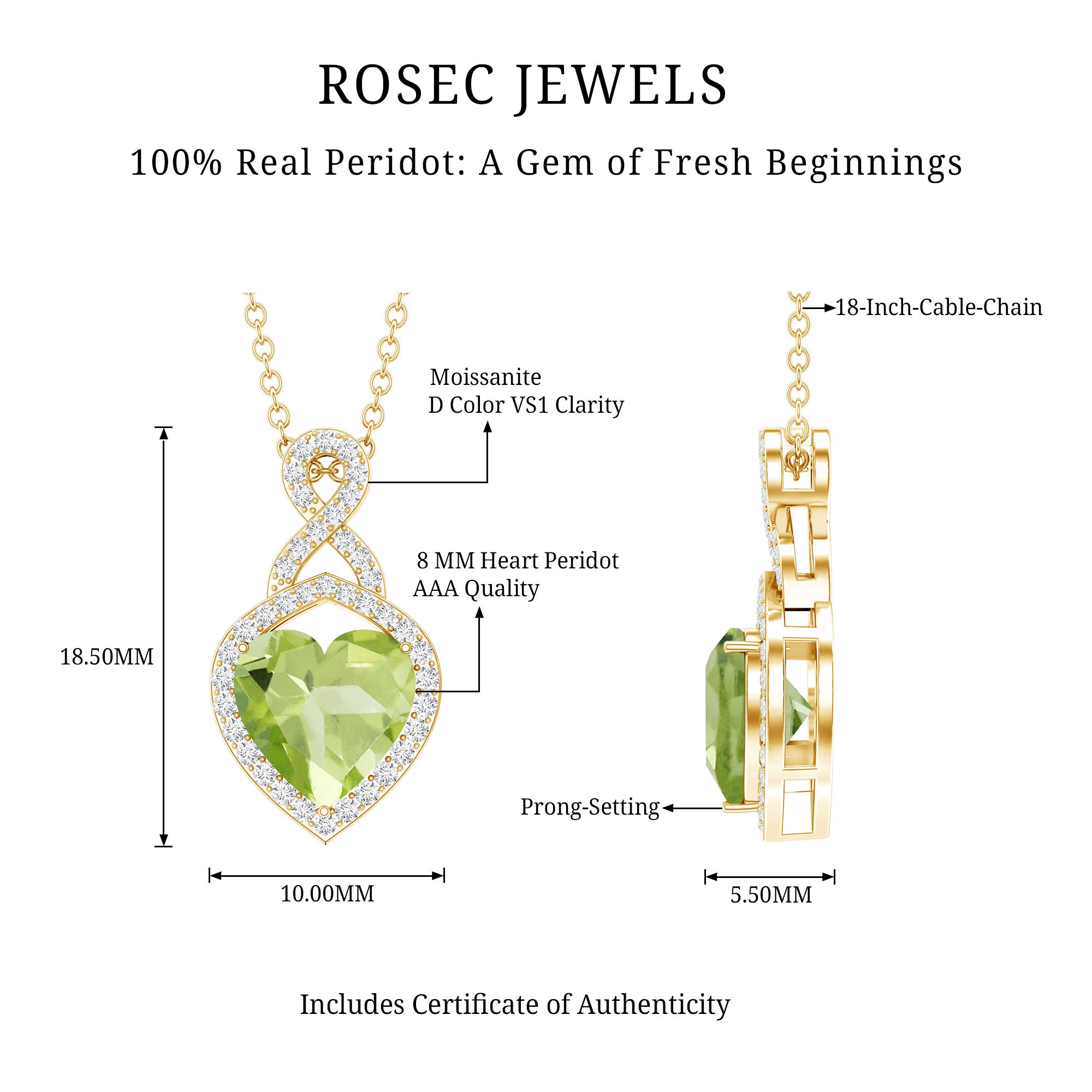 2 Carat Heart Shape Peridot Infinity Pendant with Moissanite AAA - Rosec Jewels