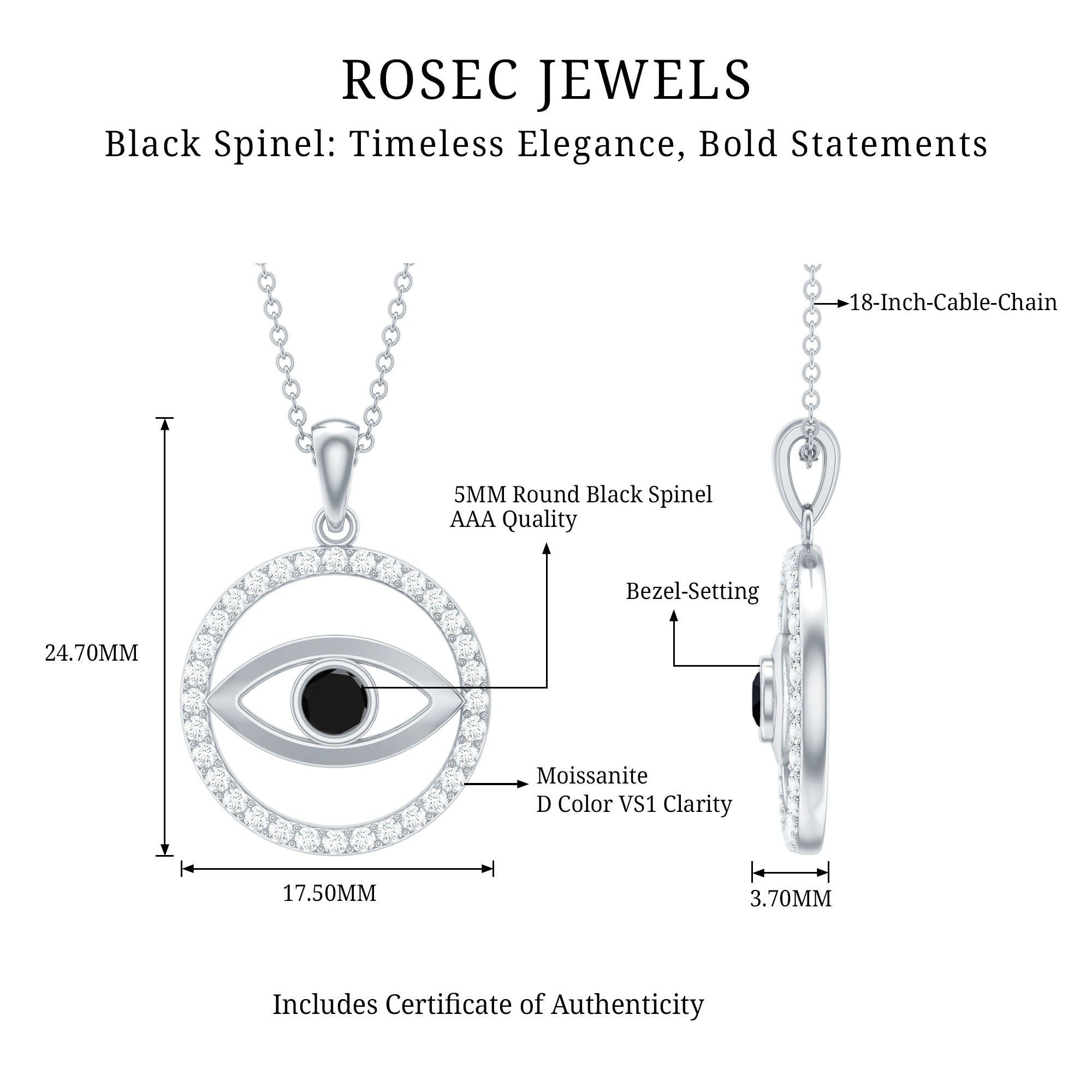 Black Spinel Evil Eye Pendant with Diamond Eternity AAA - Rosec Jewels