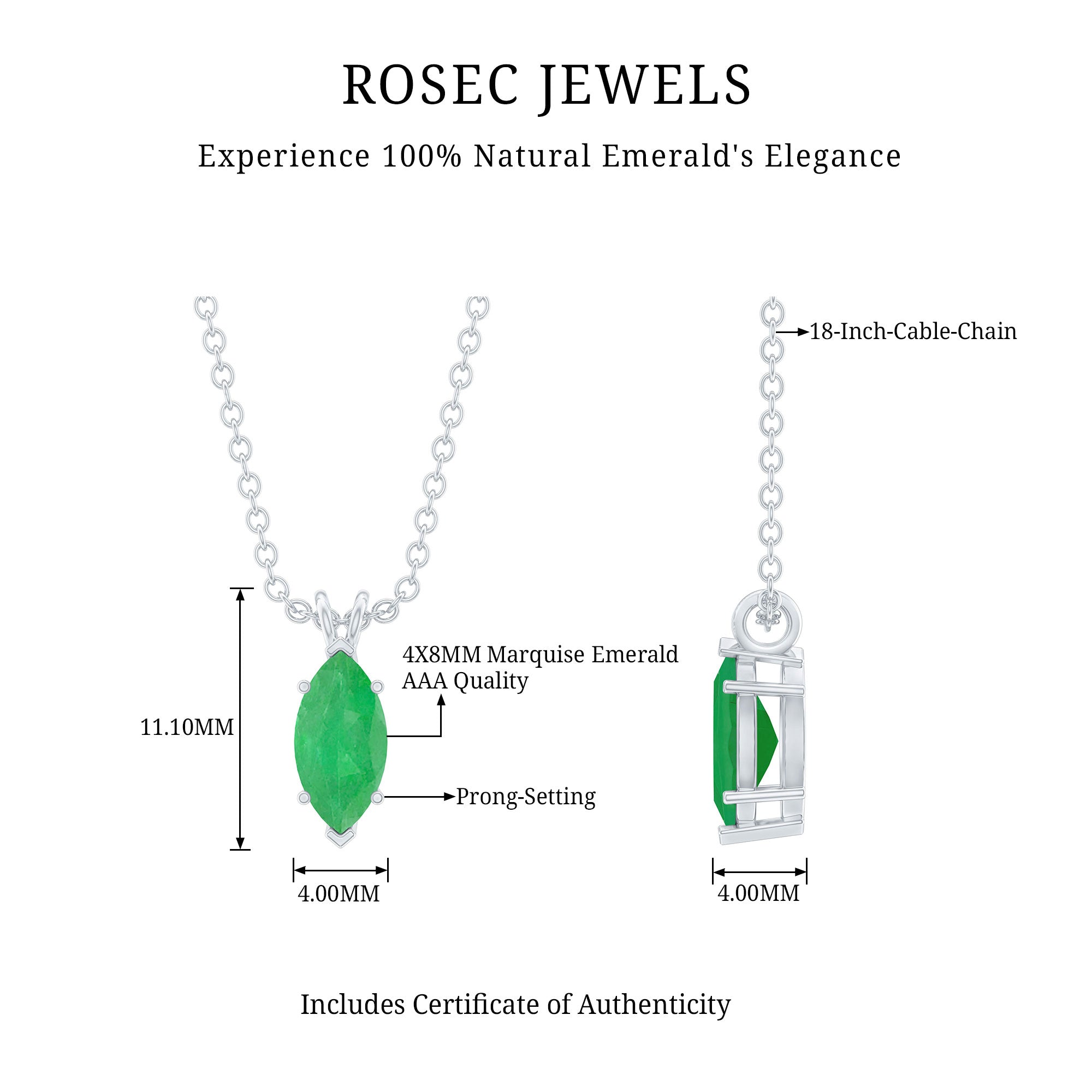 Marquise Cut Emerald Solitaire Pendant Necklace AAA - Rosec Jewels