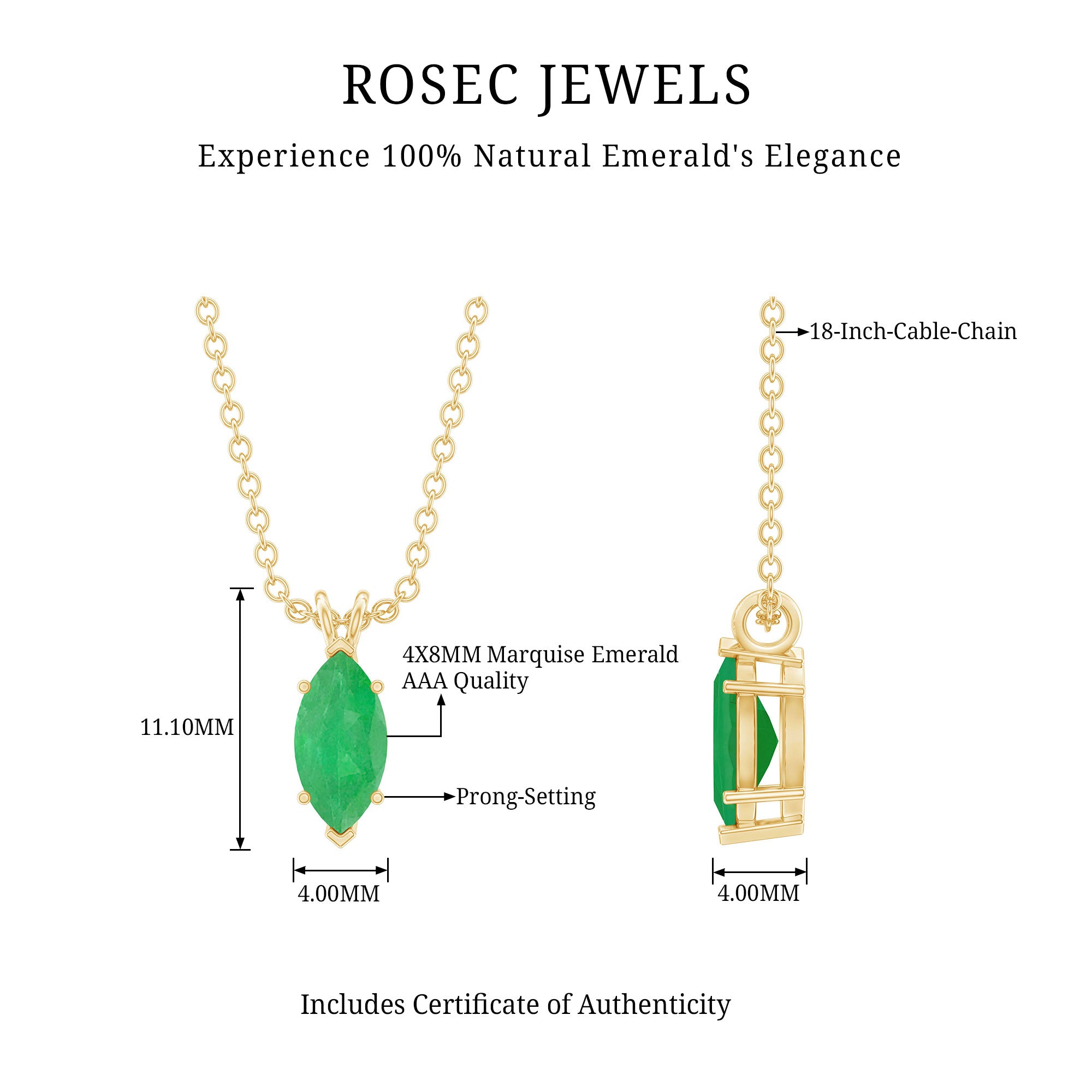 Marquise Cut Emerald Solitaire Pendant Necklace AAA - Rosec Jewels