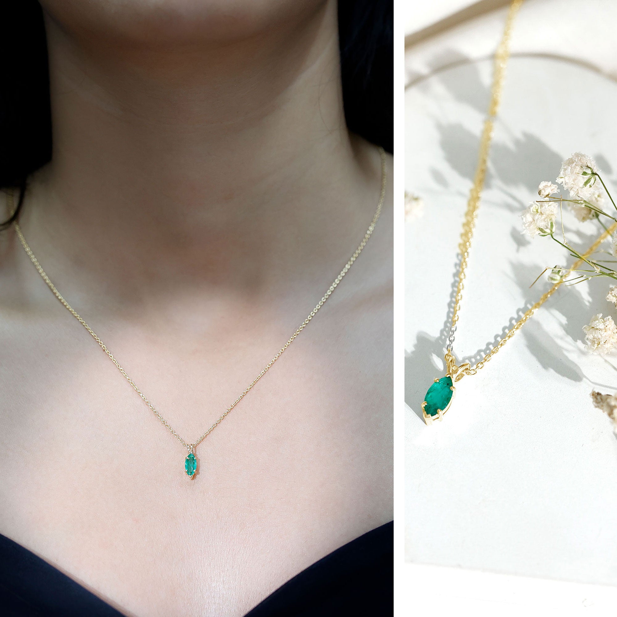 Marquise Cut Emerald Solitaire Pendant Necklace AAA - Rosec Jewels