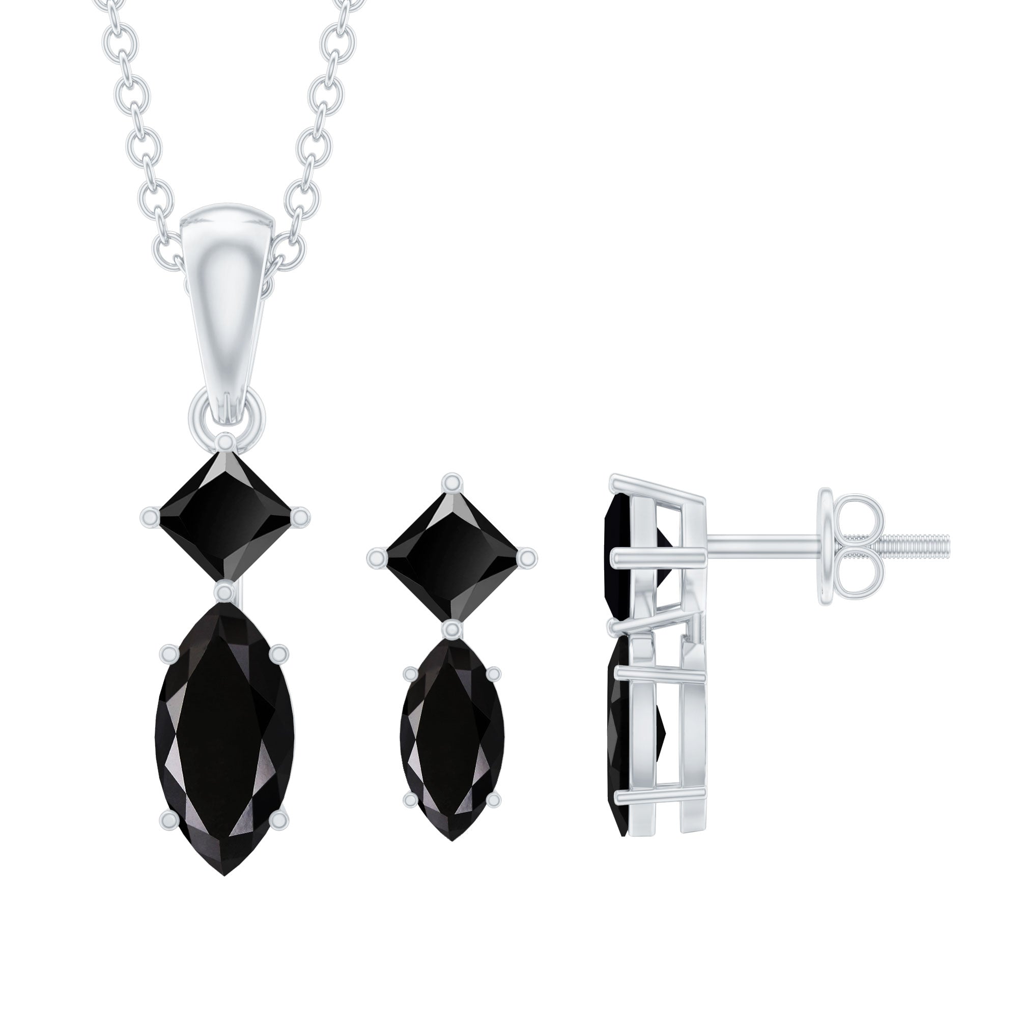 1.5 CT Princess and Marquise Shape Black Spinel Dangle Jewelry Set for Women