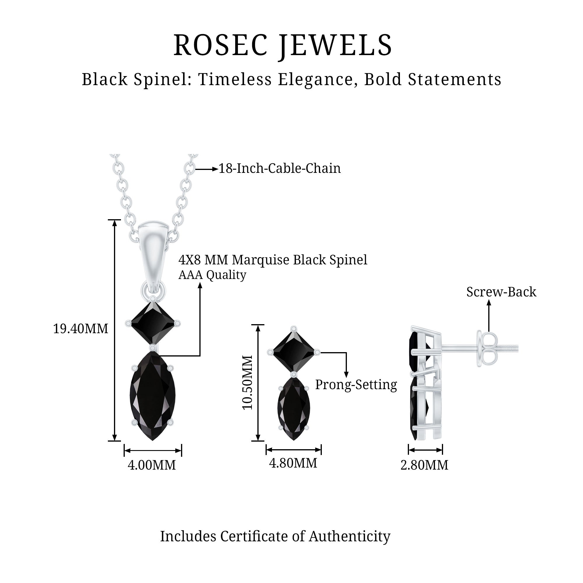 Princess and Marquise Shape Black Spinel Jewelry Set for Women AAA - Rosec Jewels