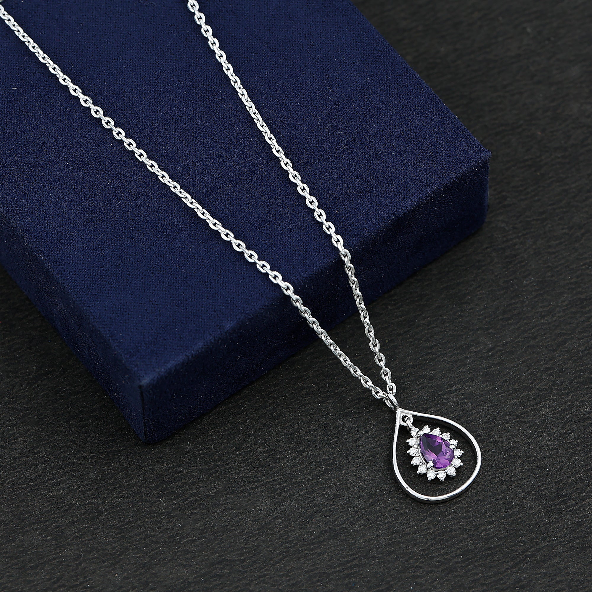 1 Carat Amethyst Teardrop Necklace with Moissanite Halo AAA - Rosec Jewels