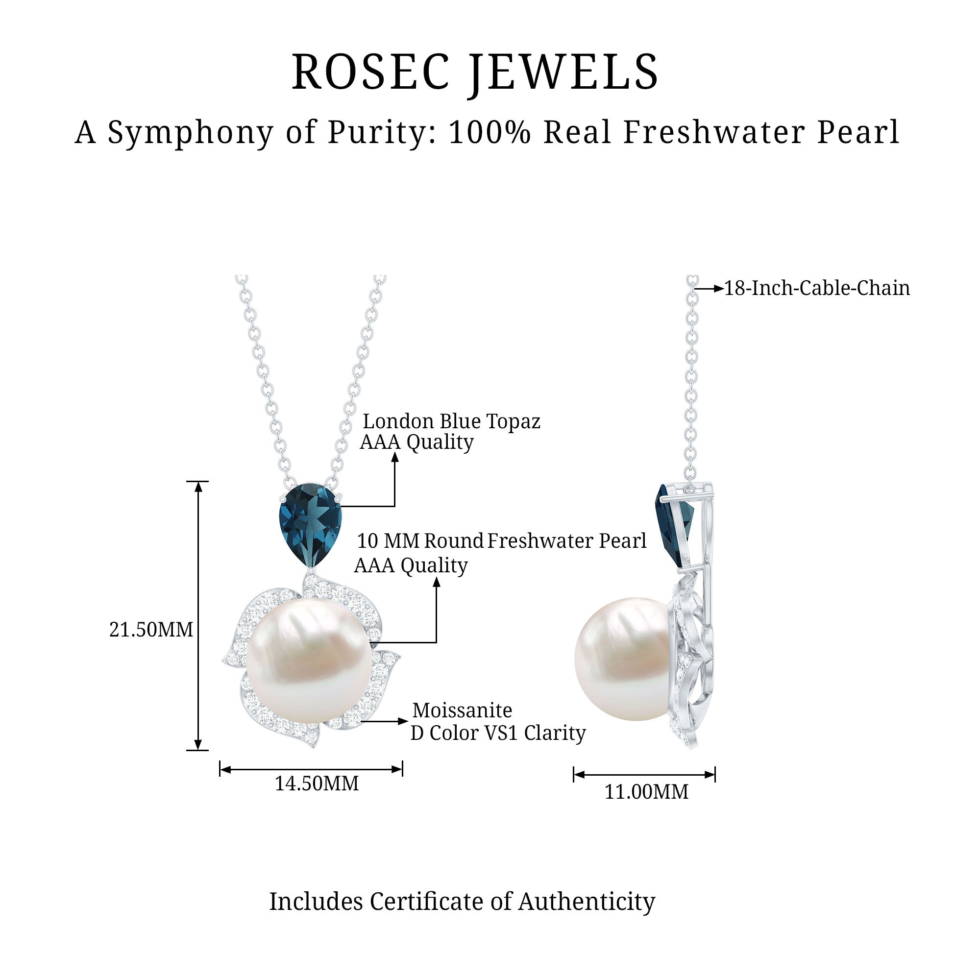 8 Carat Freshwater Pearl Designer Bridal Necklace with London Blue Topaz AAA - Rosec Jewels