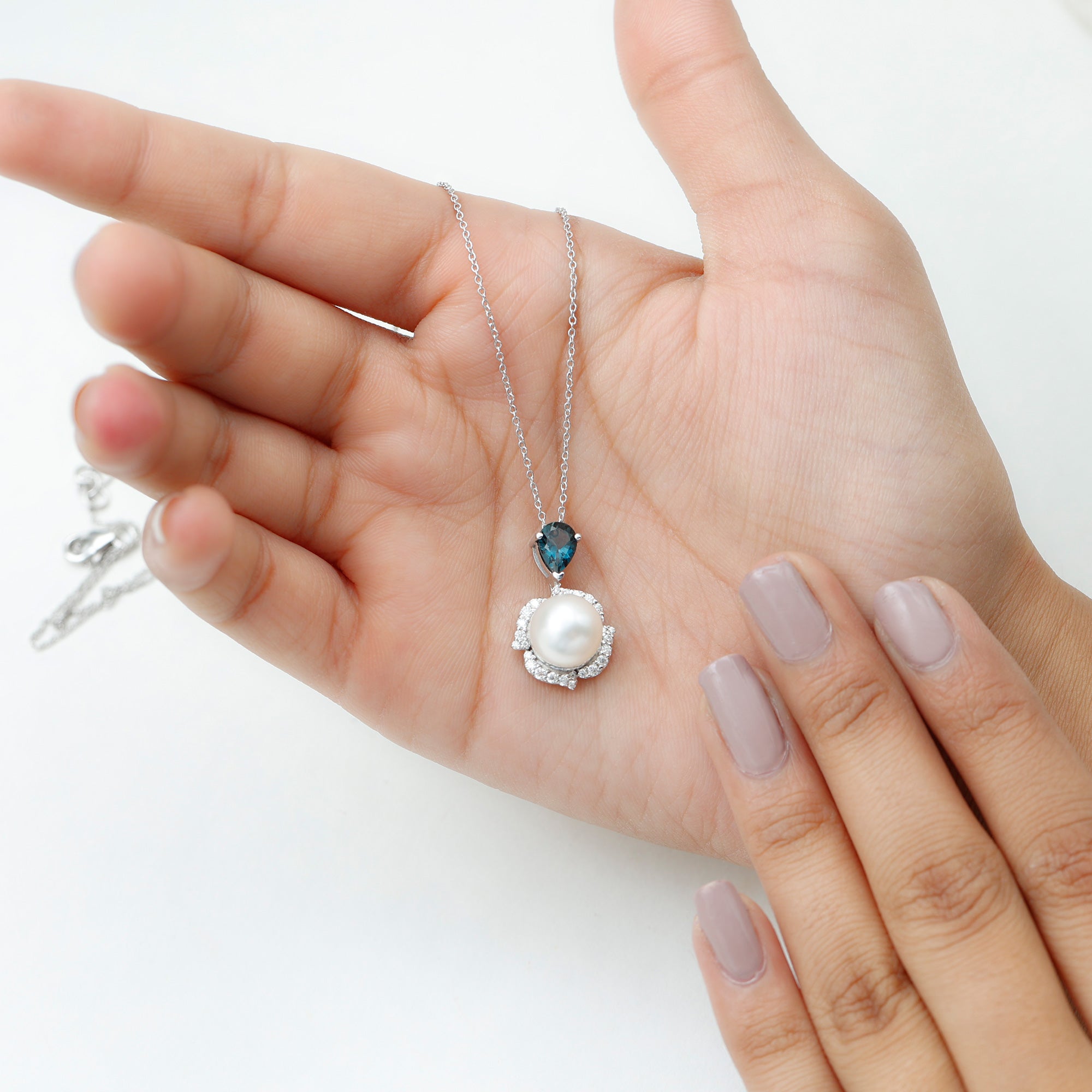 8 Carat Freshwater Pearl Designer Bridal Necklace with London Blue Topaz AAA - Rosec Jewels