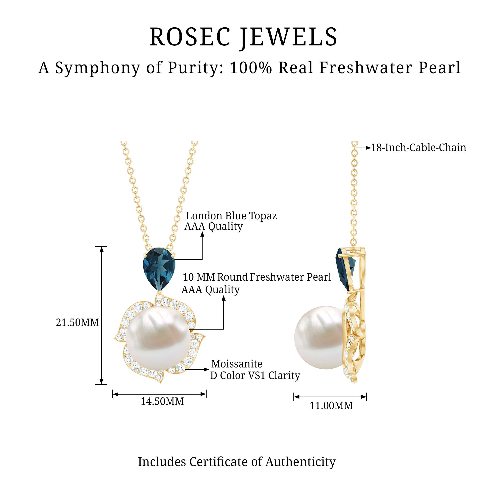 8 Carat Freshwater Pearl Designer Bridal Necklace with London Blue Topaz AAA - Rosec Jewels