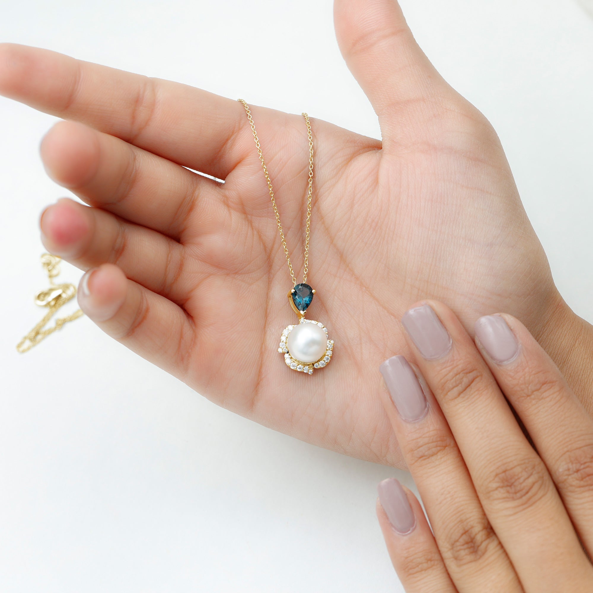 8 Carat Freshwater Pearl Designer Bridal Necklace with London Blue Topaz AAA - Rosec Jewels