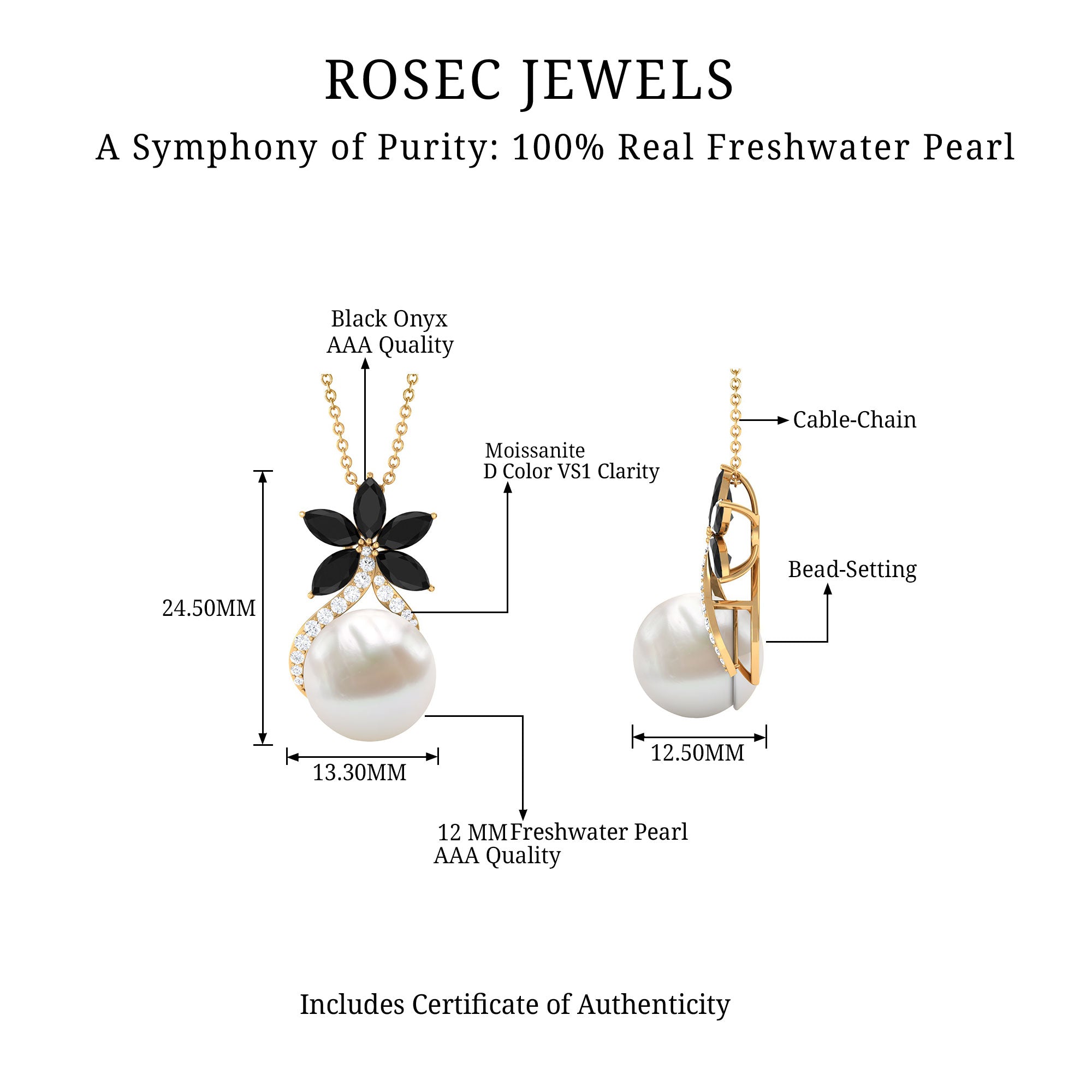 Natural Freshwater Pearl Designer Necklace with Black Onyx AAA - Rosec Jewels