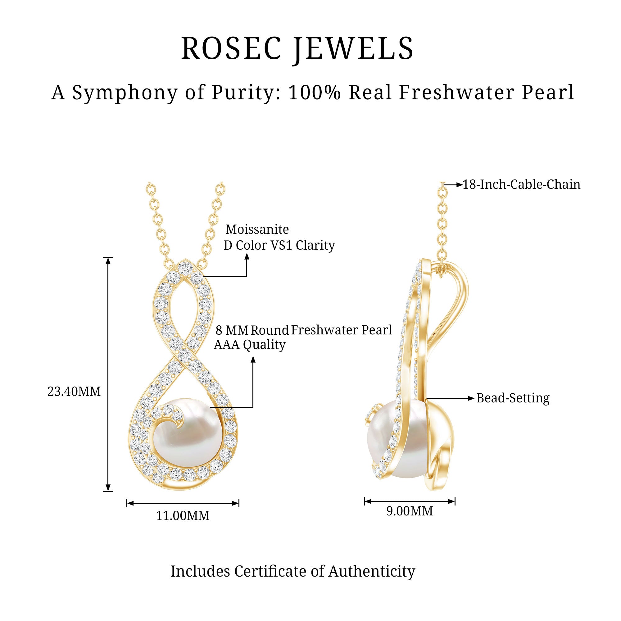 Designer Freshwater Pearl and Moissanite Infinity Necklace With Chain AAA - Rosec Jewels