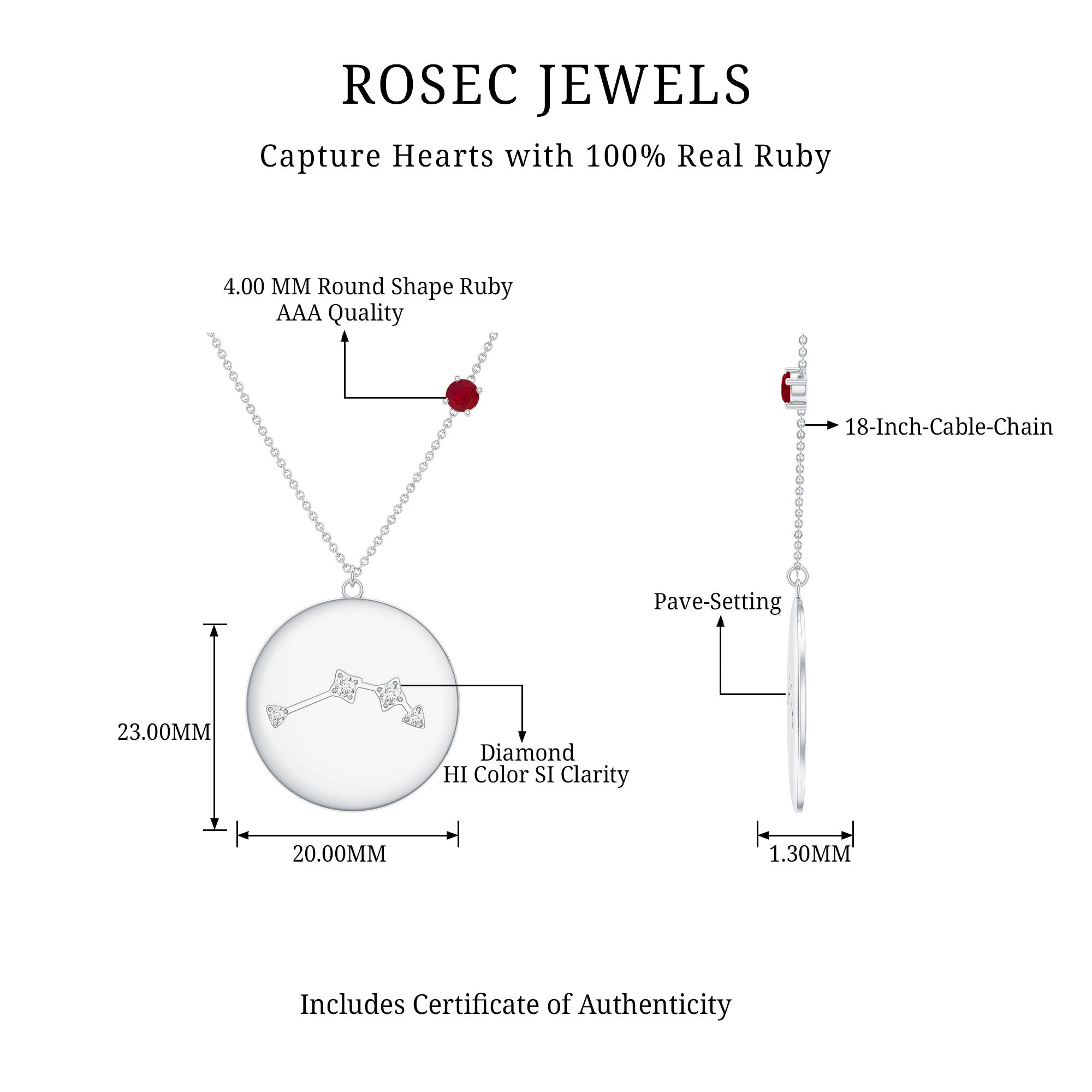 Genuine Ruby and Diamond Cancer Constellation Necklace AAA - Rosec Jewels
