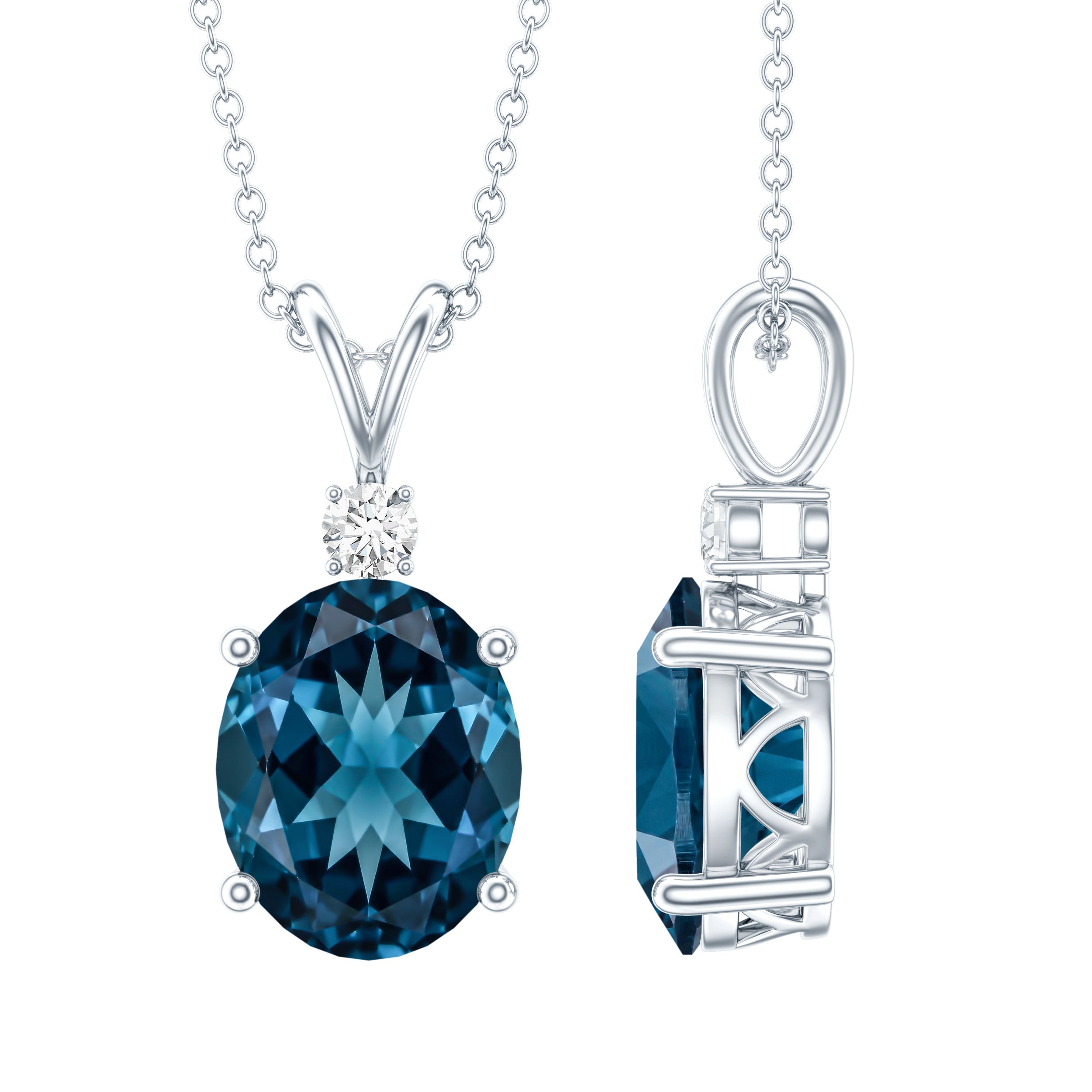 Genuine London Blue Topaz Solitaire Necklace with Chain AAA - Rosec Jewels