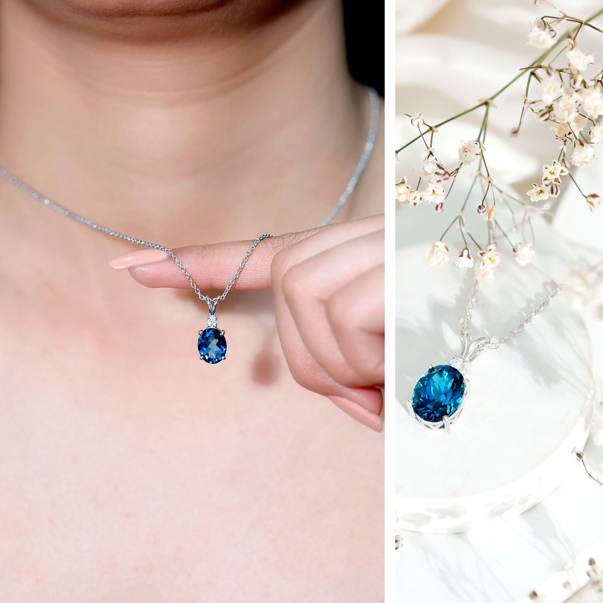 Genuine London Blue Topaz Solitaire Necklace with Chain AAA - Rosec Jewels