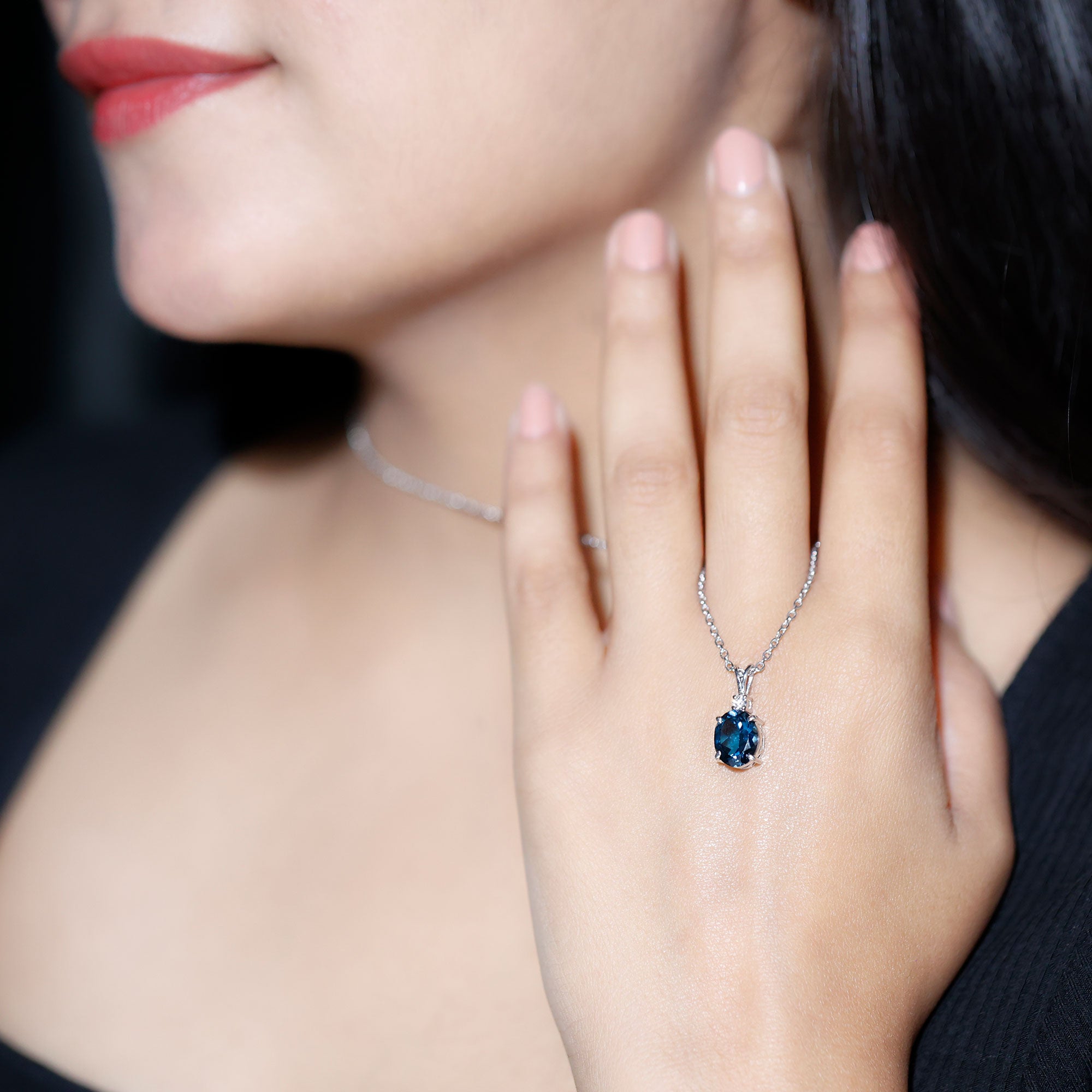 Genuine London Blue Topaz Solitaire Necklace with Chain AAA - Rosec Jewels
