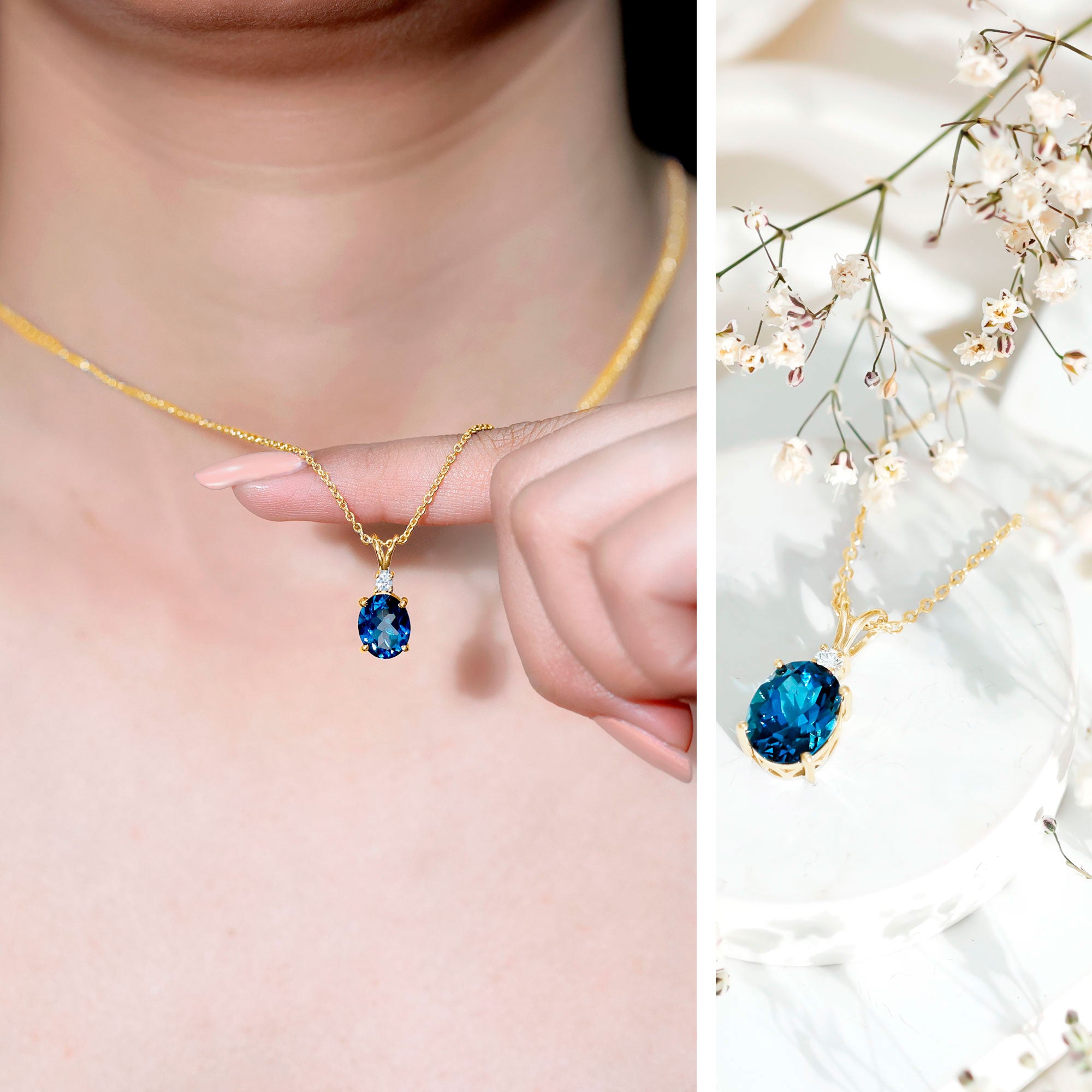 Genuine London Blue Topaz Solitaire Necklace with Chain AAA - Rosec Jewels