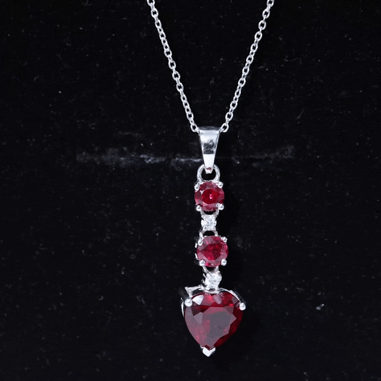 Created Ruby and Moissanite Heart Dangle Pendant Necklace AAAA - Rosec Jewels