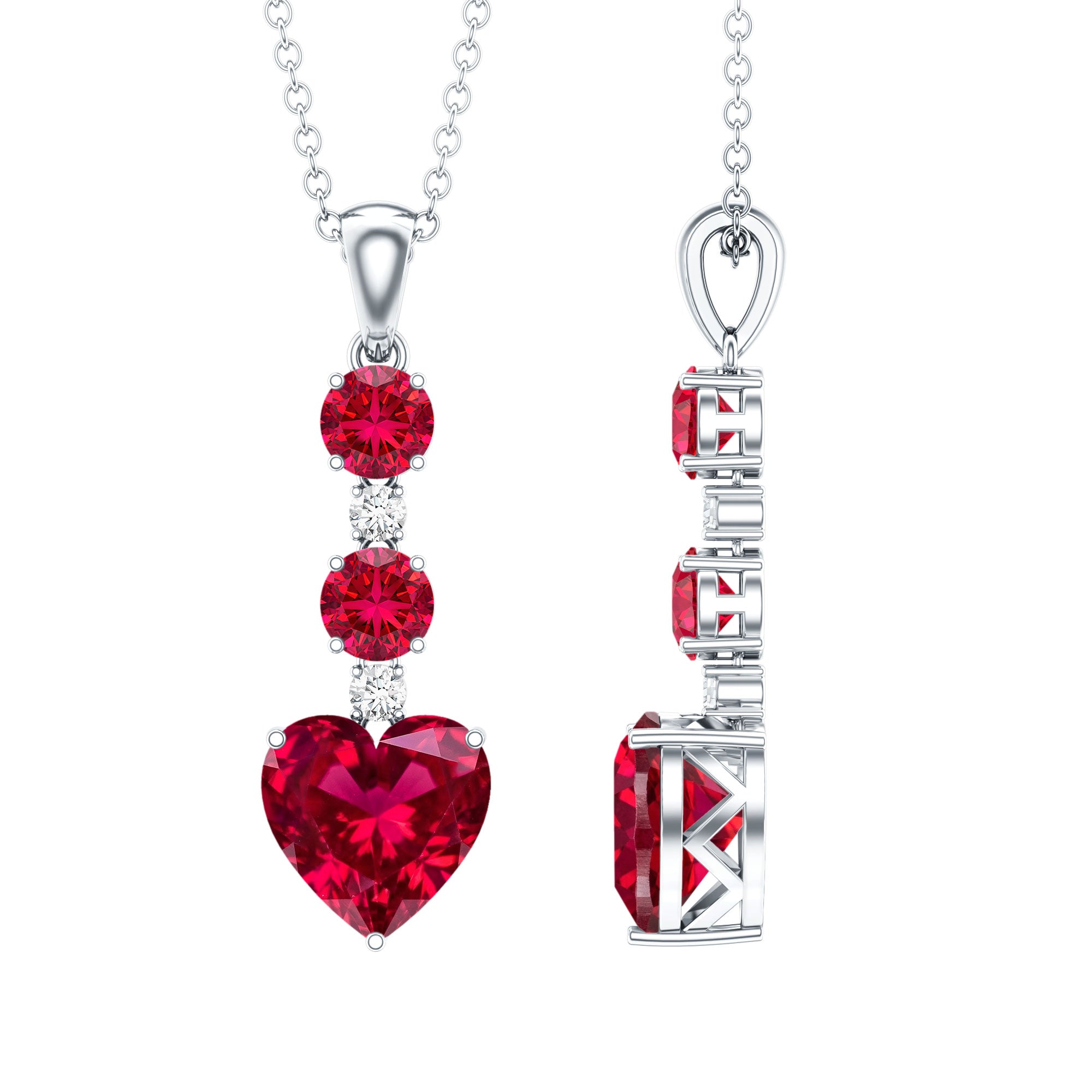 Created Ruby and Moissanite Heart Dangle Pendant Necklace AAAA - Rosec Jewels