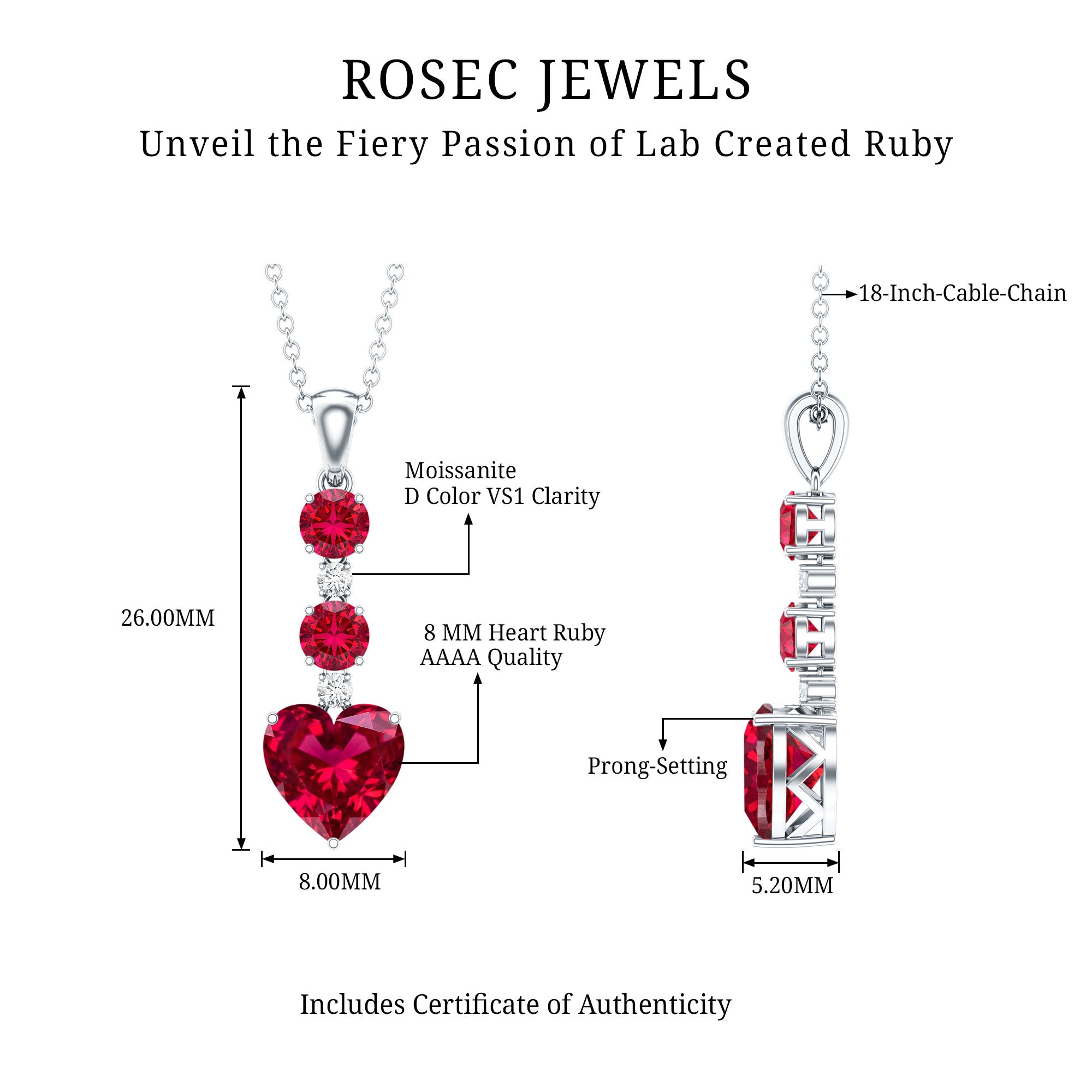 Created Ruby and Moissanite Heart Dangle Pendant Necklace AAAA - Rosec Jewels