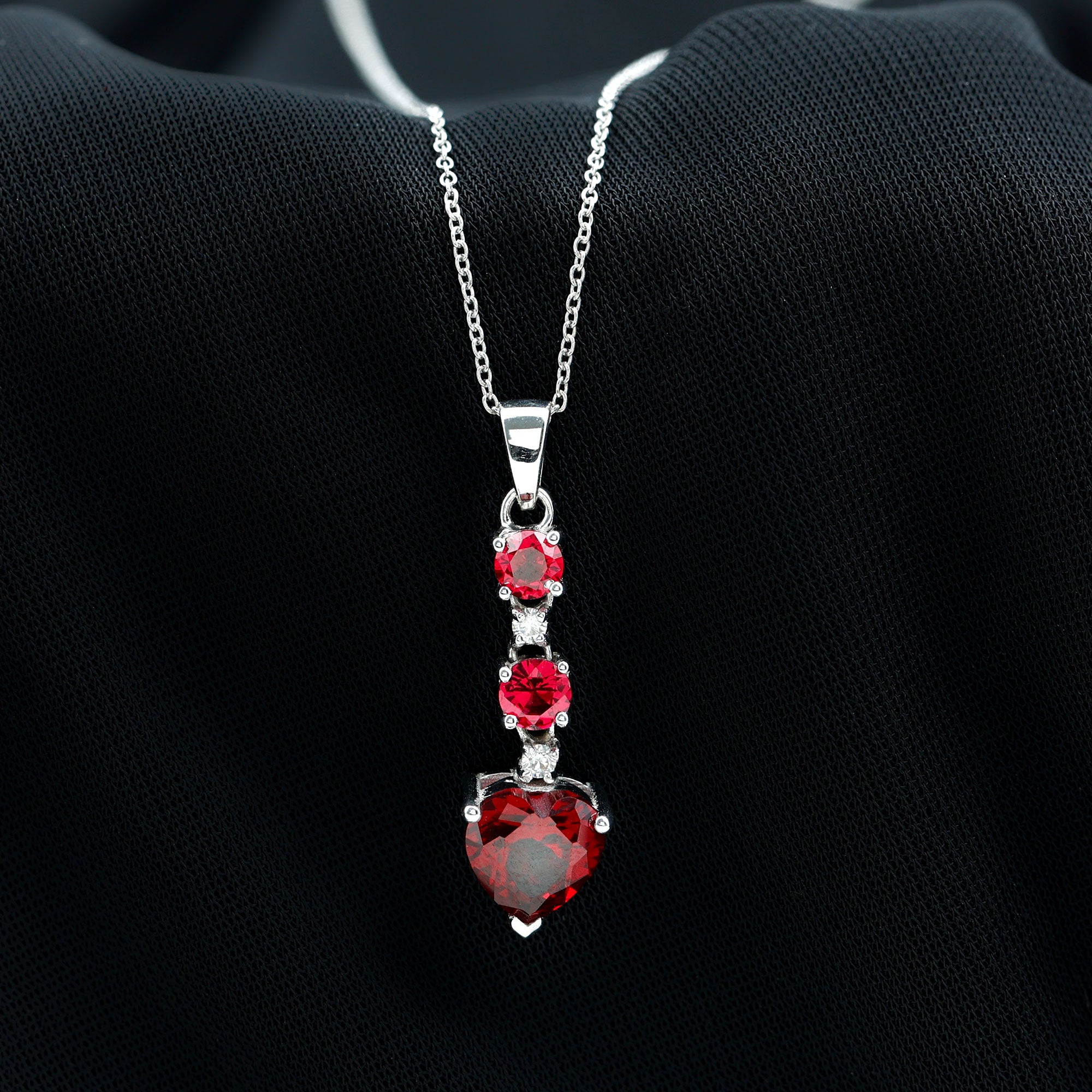 Created Ruby and Moissanite Heart Dangle Pendant Necklace AAAA - Rosec Jewels