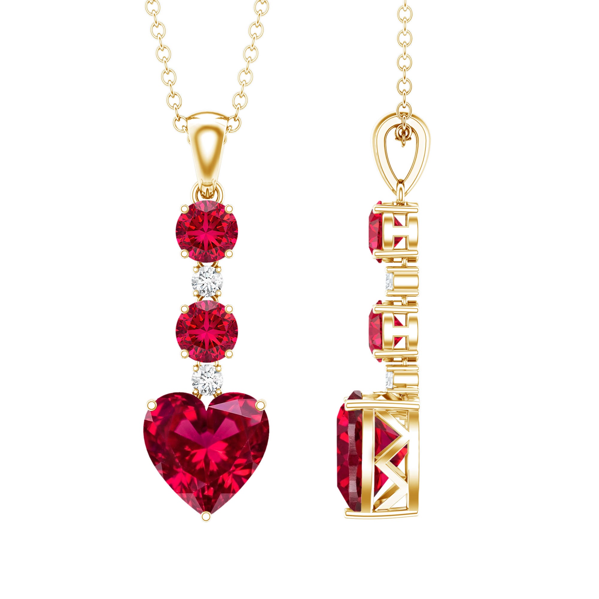 Created Ruby and Moissanite Heart Dangle Pendant Necklace AAAA - Rosec Jewels