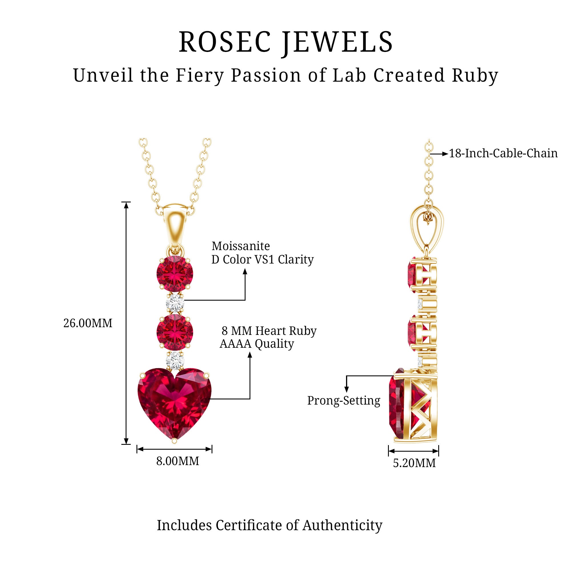 Created Ruby and Moissanite Heart Dangle Pendant Necklace AAAA - Rosec Jewels