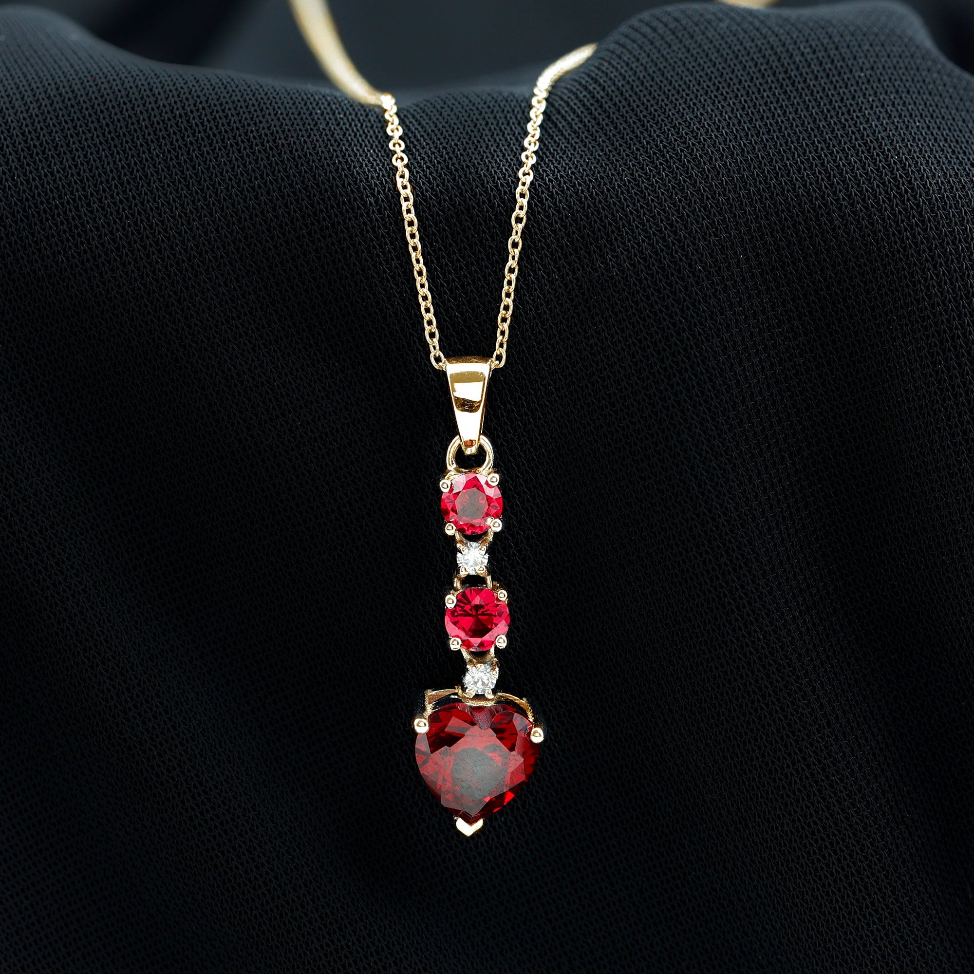 Created Ruby and Moissanite Heart Dangle Pendant Necklace AAAA - Rosec Jewels
