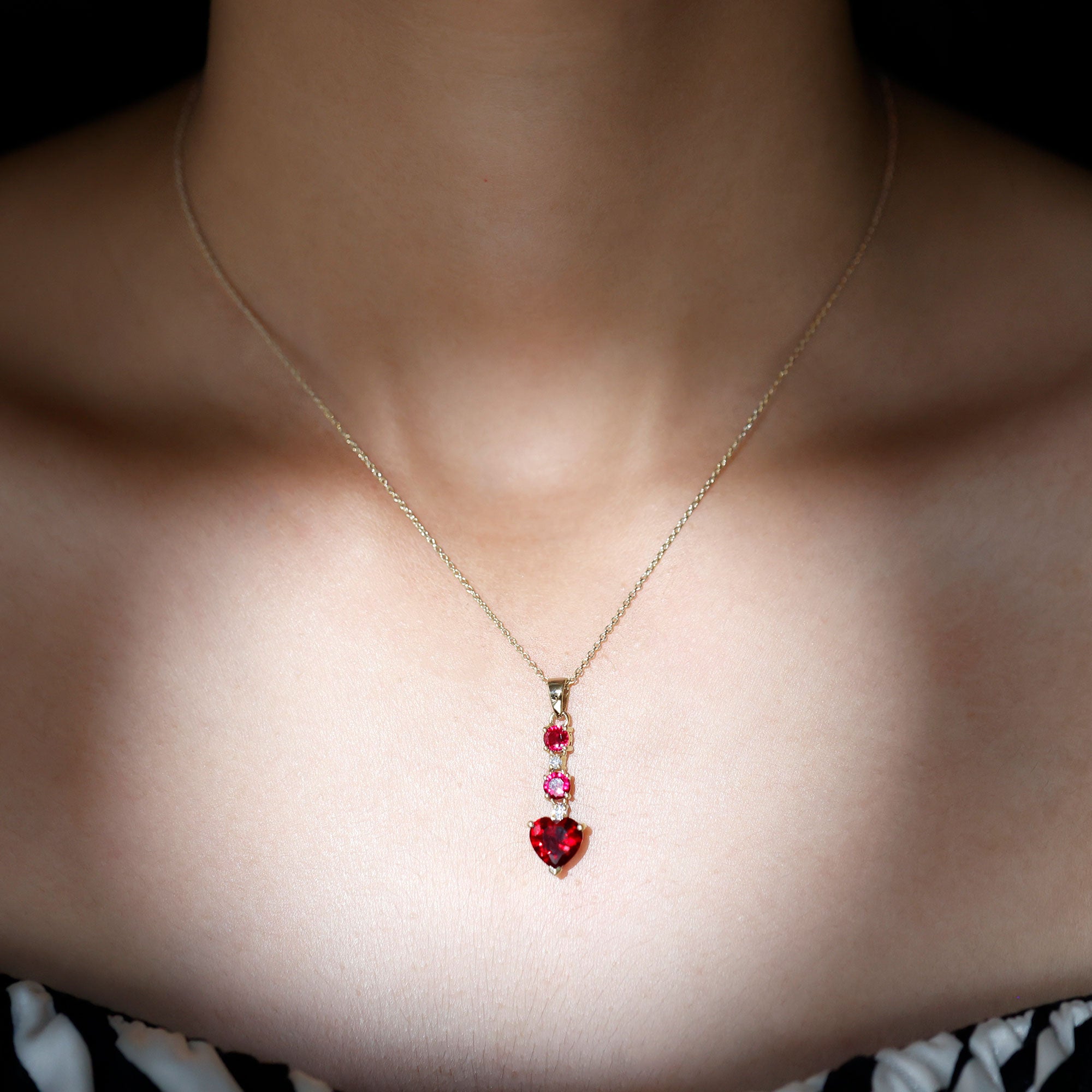 Created Ruby and Moissanite Heart Dangle Pendant Necklace AAAA - Rosec Jewels