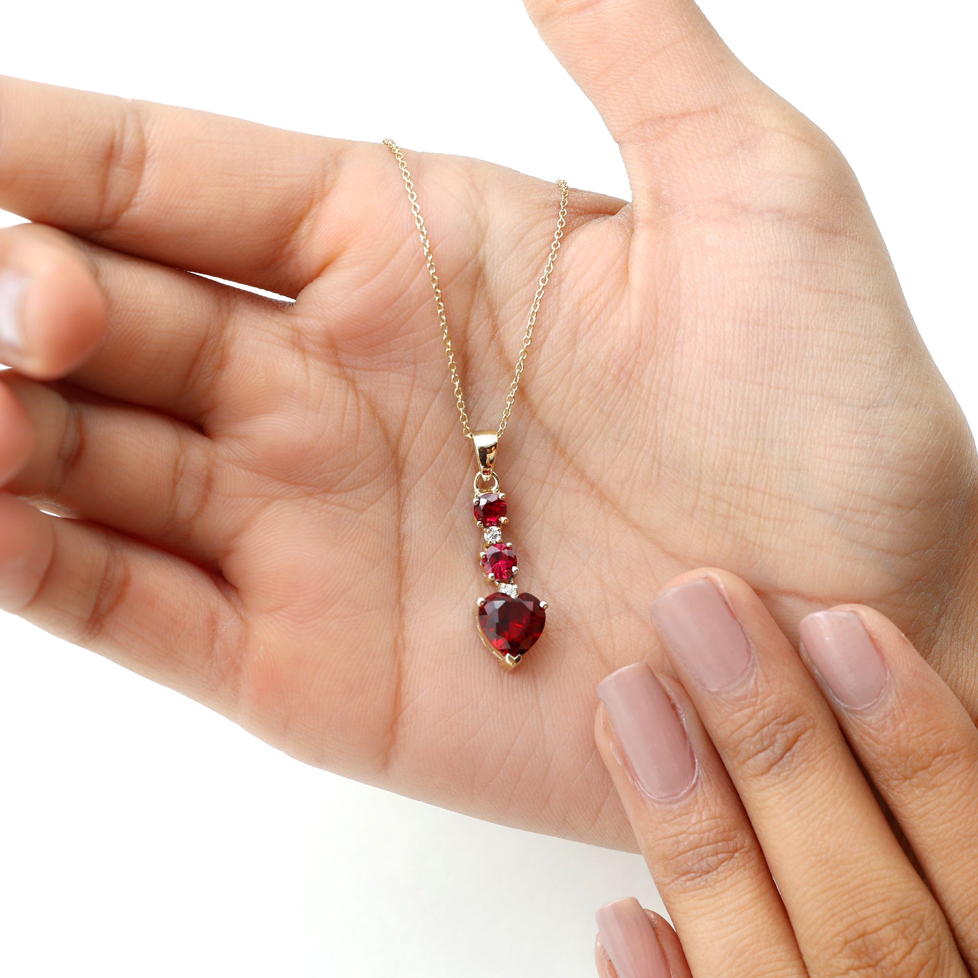 Created Ruby and Moissanite Heart Dangle Pendant Necklace AAAA - Rosec Jewels