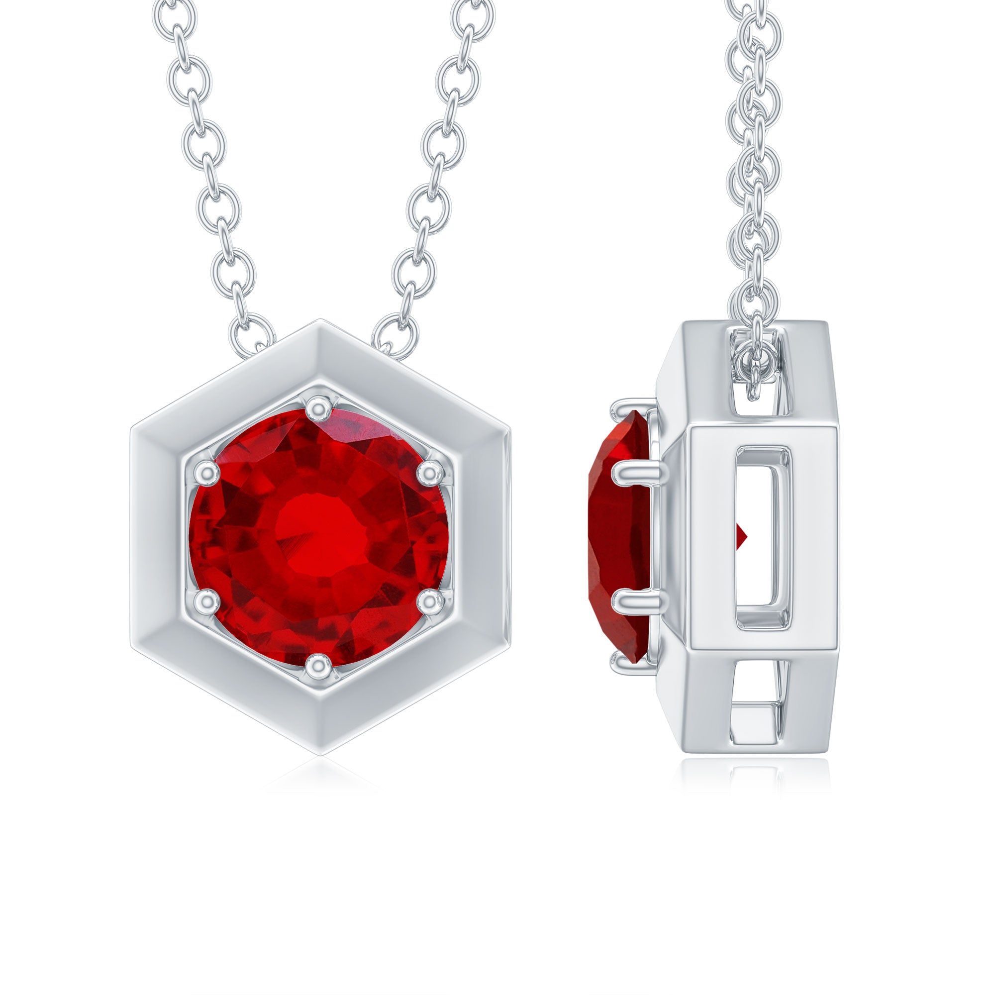 6 MM Lab Created Ruby Hexagonal Shape Solitaire Pendant Necklace