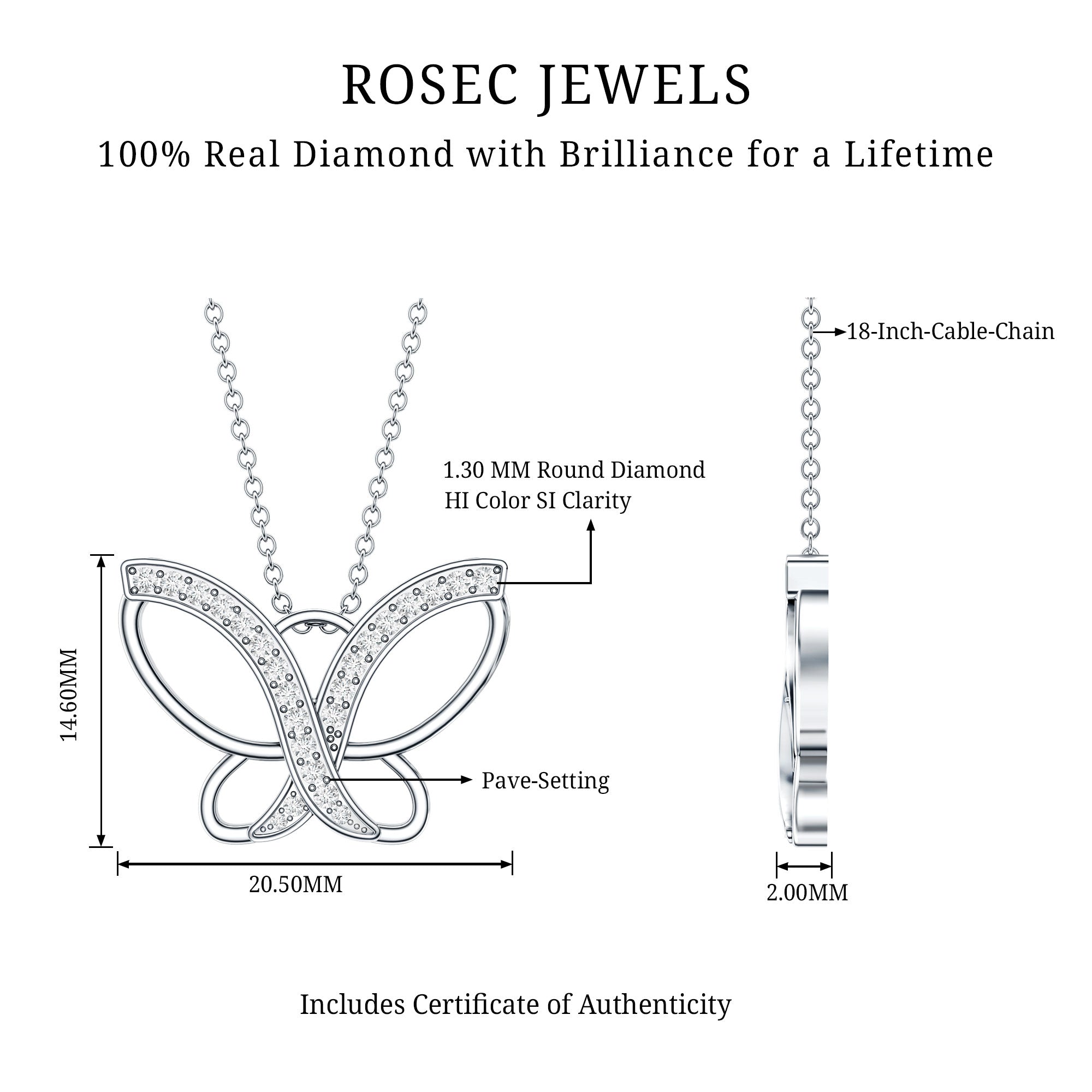 Diamond Butterfly Pendant Necklace For Women Natural - ( HI-SI ) - Rosec Jewels