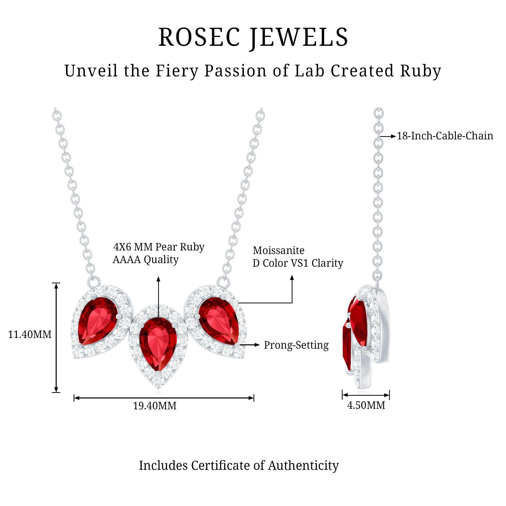 Pear Cut Lab Created Ruby Three Stone Necklace with Moissanite Halo AAAA - Rosec Jewels