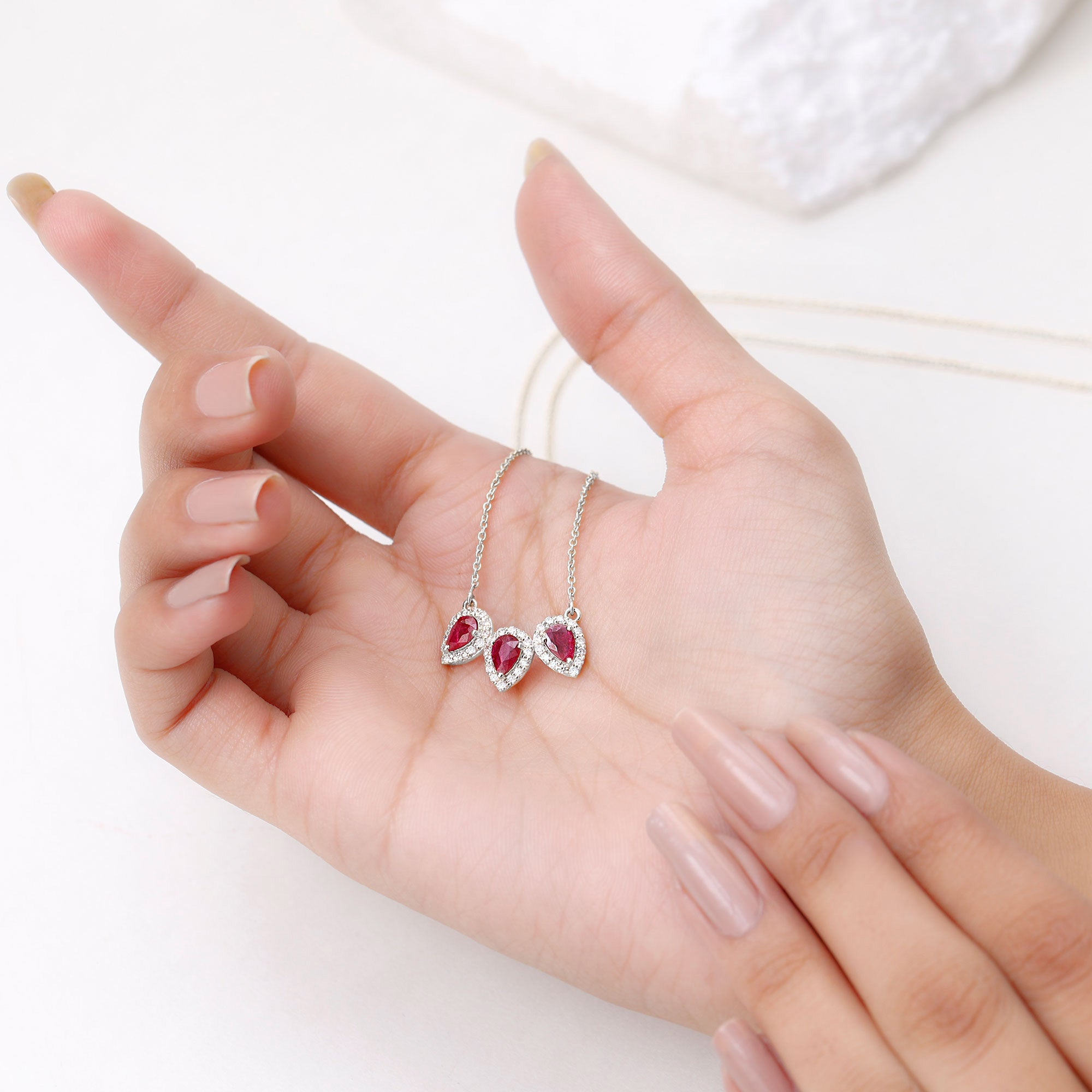 Pear Cut Lab Created Ruby Three Stone Necklace with Moissanite Halo AAAA - Rosec Jewels