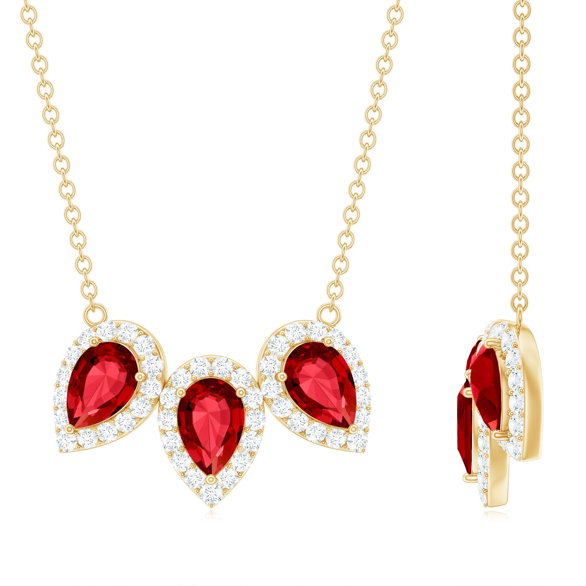 Pear Cut Lab Created Ruby Three Stone Necklace with Moissanite Halo AAAA - Rosec Jewels